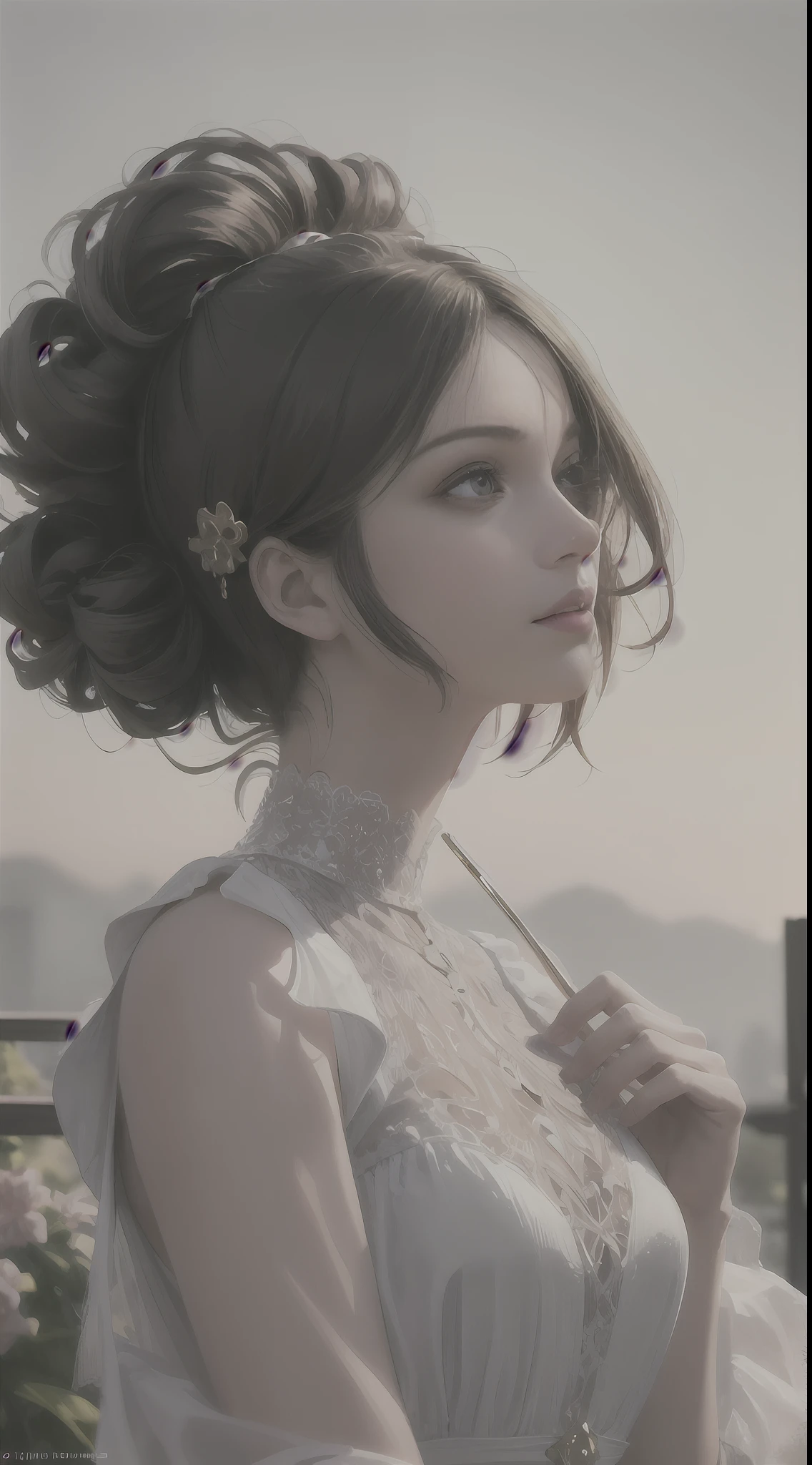 （1girll）， （Solo exhibition）， solofocus， the hair，curlies， hair pin， Sideburns， brunette color hair， jaqueta de couro， denim short， buliding， the roof， nigh sky， Counterpoint，photorealistic anime girl rendering, [ 4 K digital art ]， (Masterpiece, Top quality, Best quality, offcial art, Beautiful and aesthetic:1.2), (1 girl), extreme detailed details