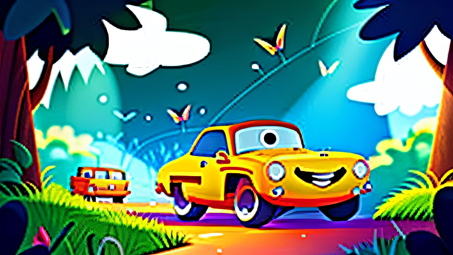 Cartoon cars,llight rays,The color is bright,urban street scene,a plant
