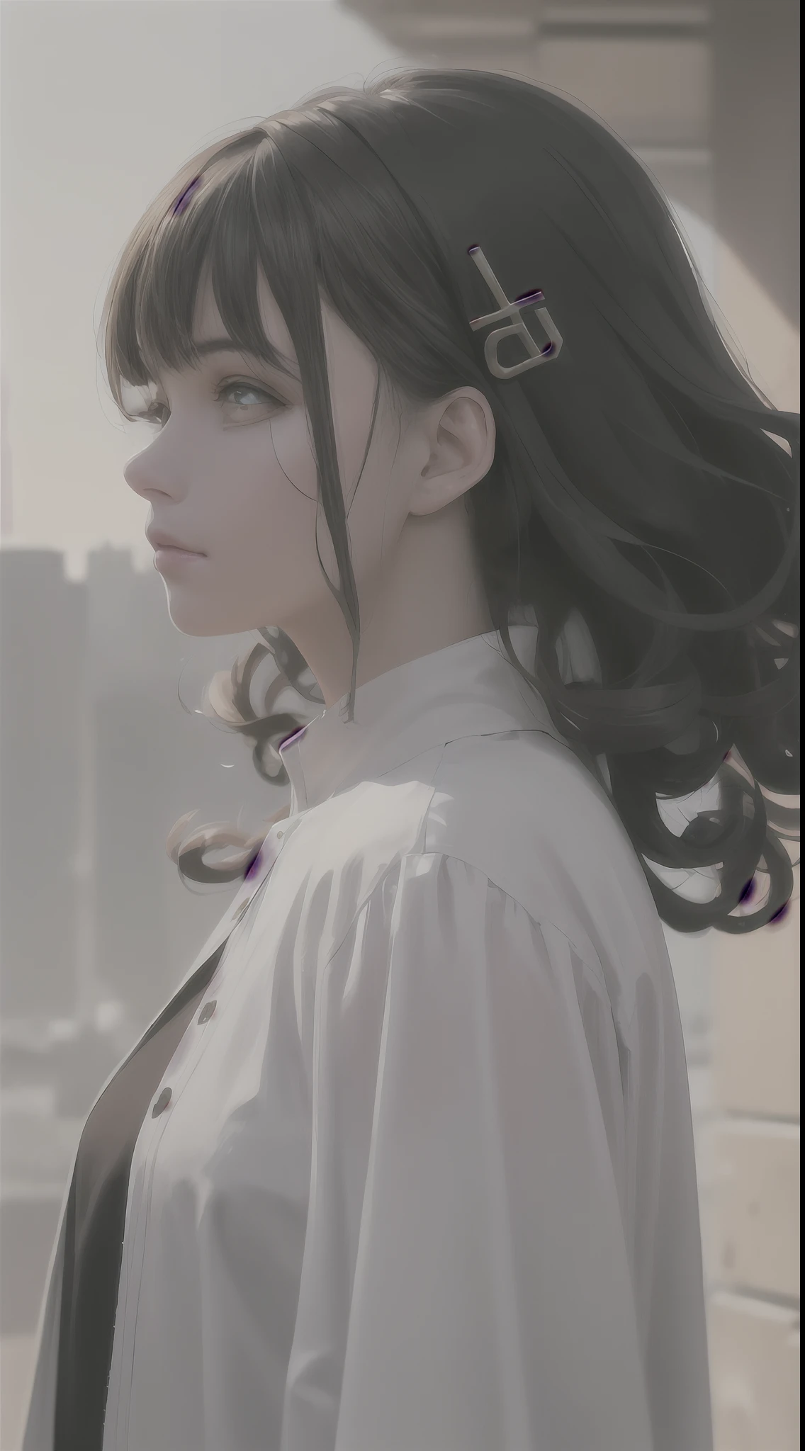 （1girll）， （Solo exhibition）， solofocus， the hair，curlies， hair pin， Sideburns， brunette color hair， jaqueta de couro， denim short， buliding， the roof， nigh sky， Counterpoint，photorealistic anime girl rendering, [ 4 K digital art ]， (Masterpiece, Top quality, Best quality, offcial art, Beautiful and aesthetic:1.2), (1 girl), extreme detailed details