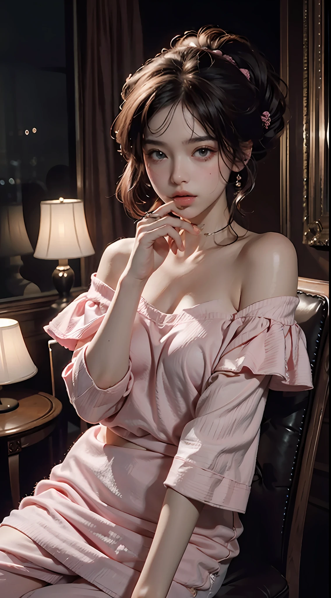 Best Quality, Masterpiece, Ultra High Resolution, (Realisticity: 1.4), Original Photo, 1girl, Pink Off-the-Shoulder, Cinematic Lighting