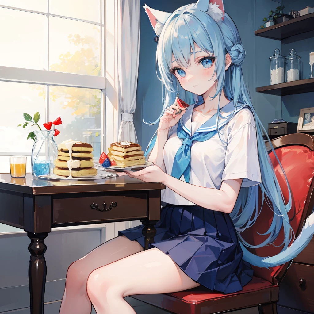 masutepiece,Best quality,ultra - detailed,Two hands,Two legs,Five fingers,best faces,1 girl,light blue long hair,timid,Cat ears,pale blue color eyes, Height 145 cm,small tits,Cat tail,a sailor suit,White T-Shirts,a black skirt,Strawberry pancakes on a plate, blue berry, whipped cream,syrup,Bring light to the eyes,Fashion store,Western style,sit on chair,Take a picture of the pancakes