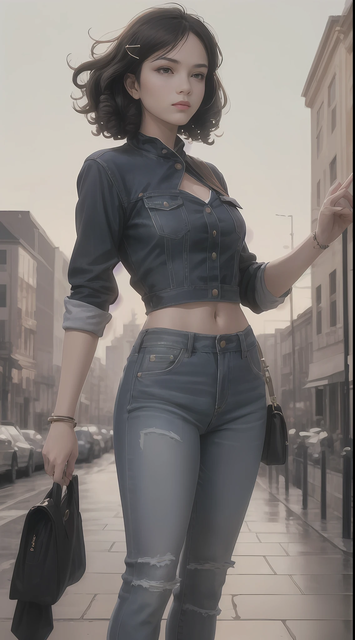 （1girll）， （Solo exhibition）， solofocus， the hair，curlies， hair pin， Sideburns， brunette color hair， jaqueta de couro， denim short， buliding， the roof， nigh sky， Counterpoint，photorealistic anime girl rendering, [ 4 K digital art ]， (Masterpiece, Top quality, Best quality, offcial art, Beautiful and aesthetic:1.2), (1 girl), extreme detailed details