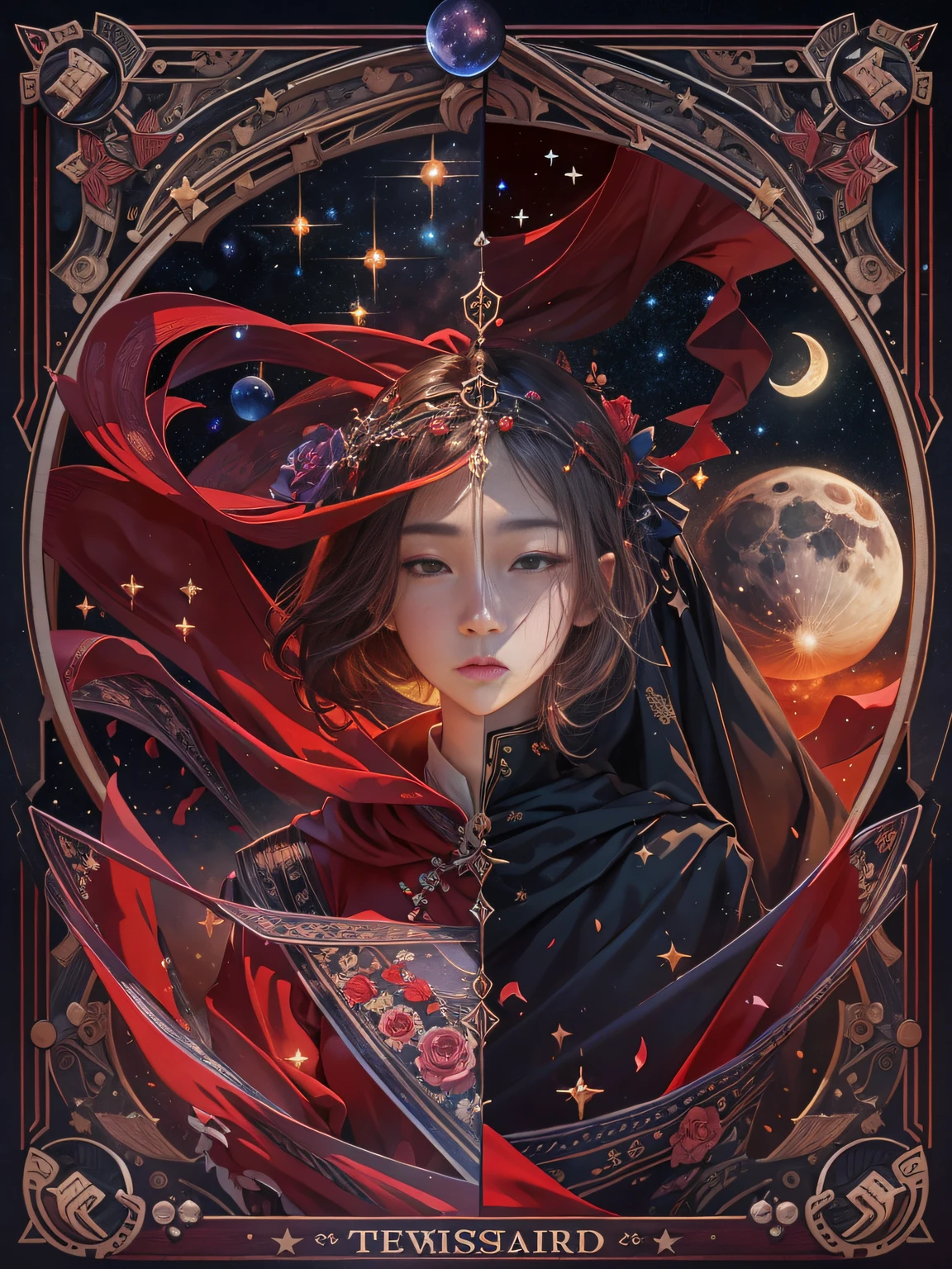 ,masterpiece, best quality,8k, ultra highres,On screen,A delicate tarot card unfolds on gorgeous red silk。The background of the cards shows a deep night sky,Dotted with the twinkling light of the stars。The moon hangs high in the sky,It emits a soft silver glow,It adds a touch of mystery to the whole picture。