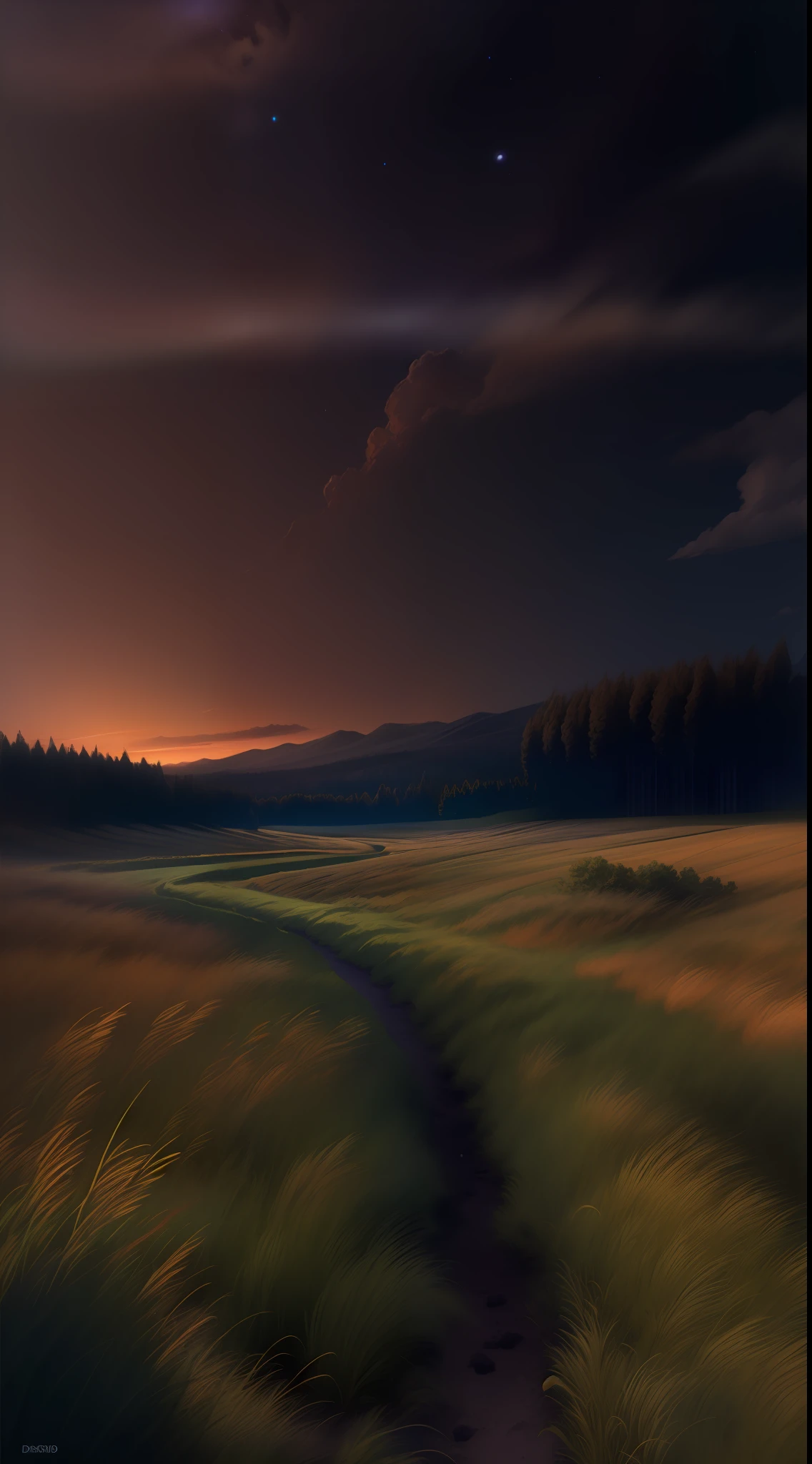 Vast sky, large grassland, moving visual effects, colorful natural light, night time, darkened.