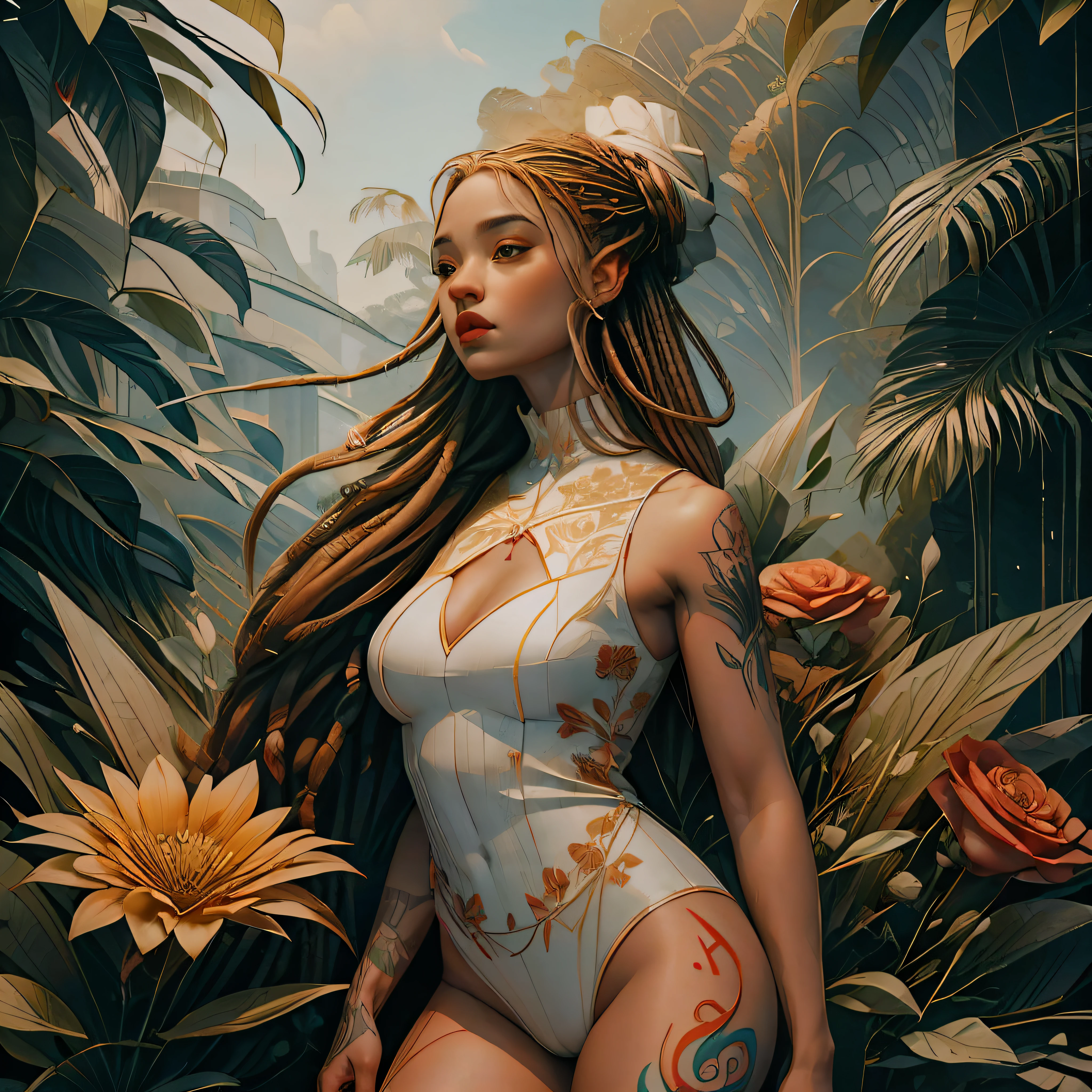 ankymoore, visão de baixo pra cima, 1rapper with dread hair with tattoos, white and red sexy clothes(cameltoe), graffitti background, (masterpiece), (best quality:1.2), absurdres, intricate details, flowers, leaves, roots