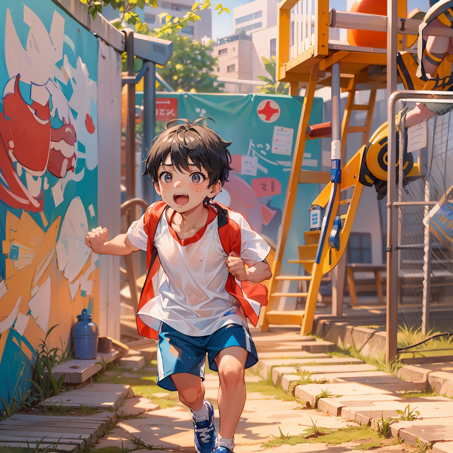 A 6-year-old boy runs on a playground,Shota,undershirt,Sweat profusely,blue short pants,Messy bangs,Shota,athletic sneakers。and the sun was shining brightly,quadratic element,A high resolution,Best Masterpiece,Be red in the face,mid day