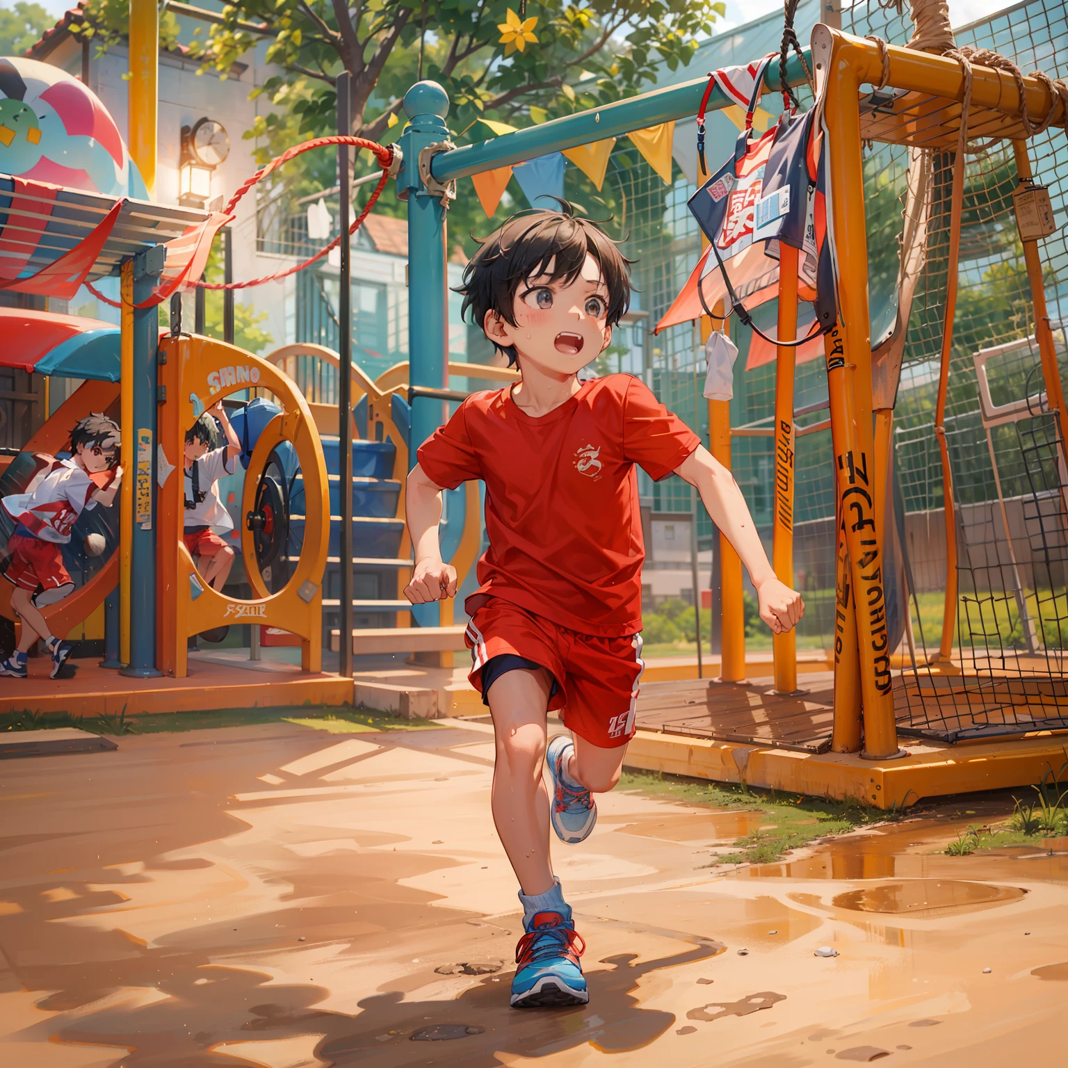 A 6--old runs on a playground,Shota,undershirt,Sweat profusely,blue short pants,Messy bangs,Shota,athletic sneakers。and the sun was shining brightly,quadratic element,A high resolution,Best Masterpiece,Be red in the face,mid day