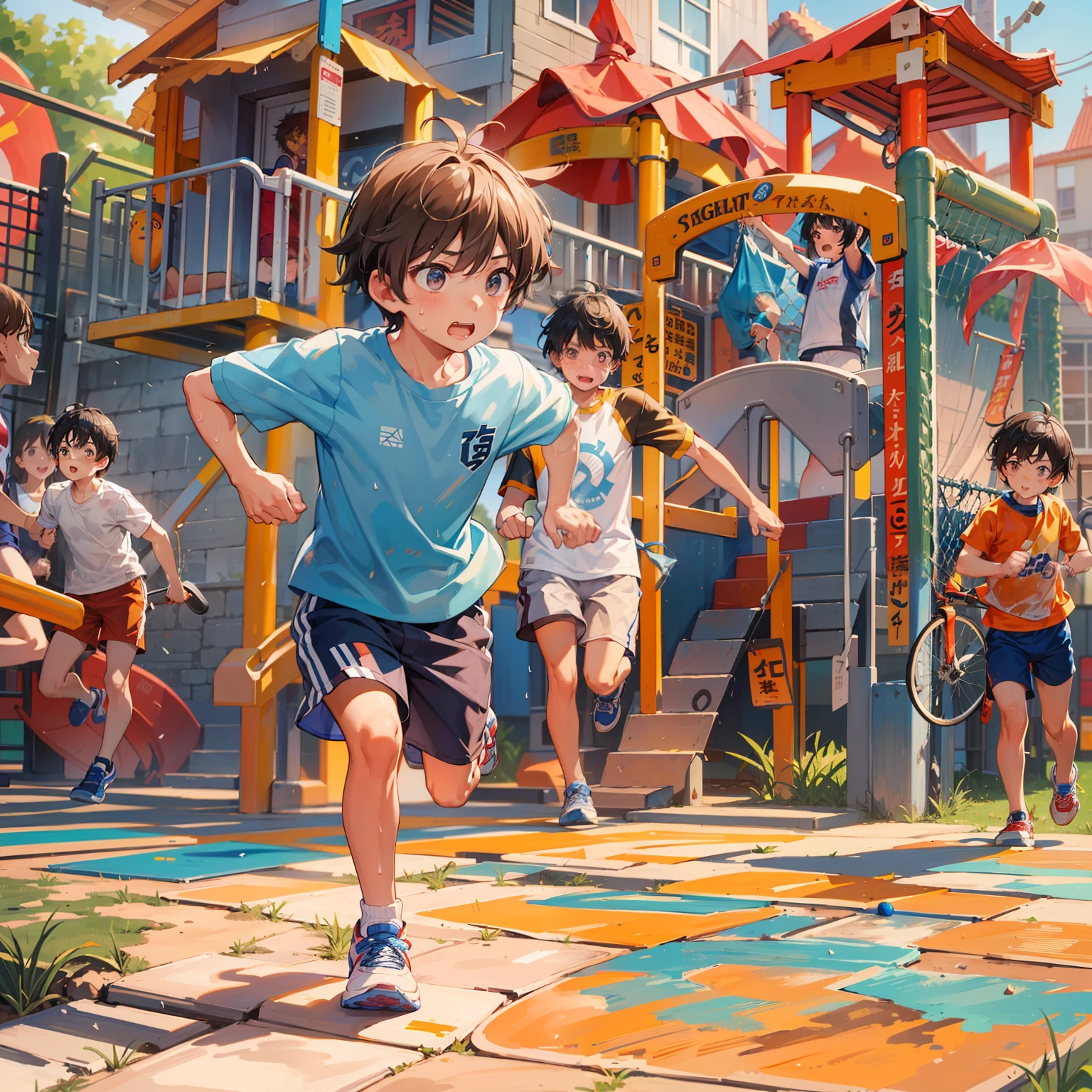 A 6-year-old boy runs on a playground,Shota,undershirt,Sweat profusely,blue short pants,Messy bangs,Shota,athletic sneakers。and the sun was shining brightly,quadratic element,A high resolution,Best Masterpiece,Be red in the face,mid day