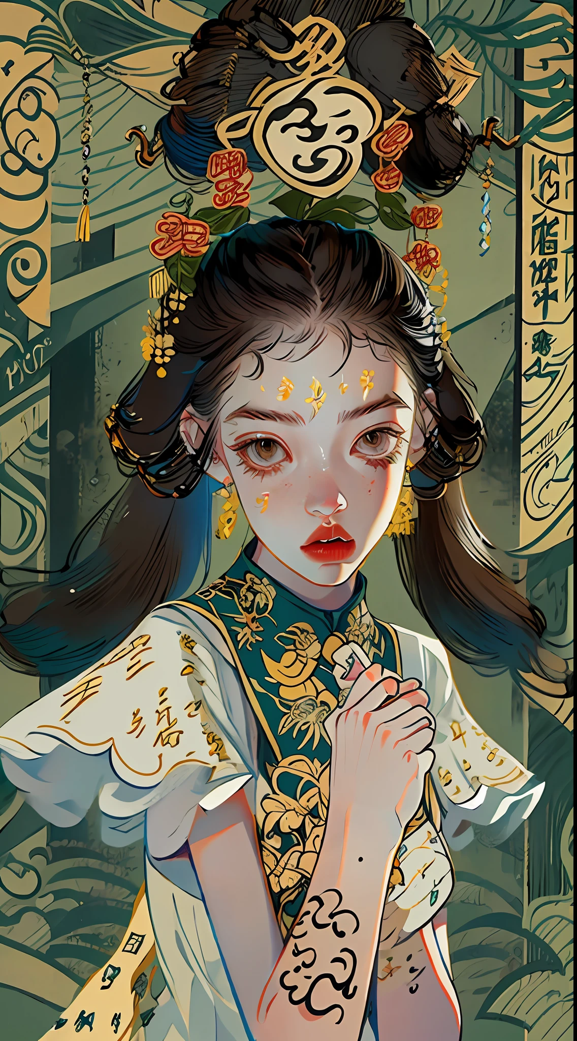 girl,full body,(detailed face:1.2), masterpiece, fashion,chinese dress,, medium hair, black hair, twintails, blunt bangs, brown eyes,