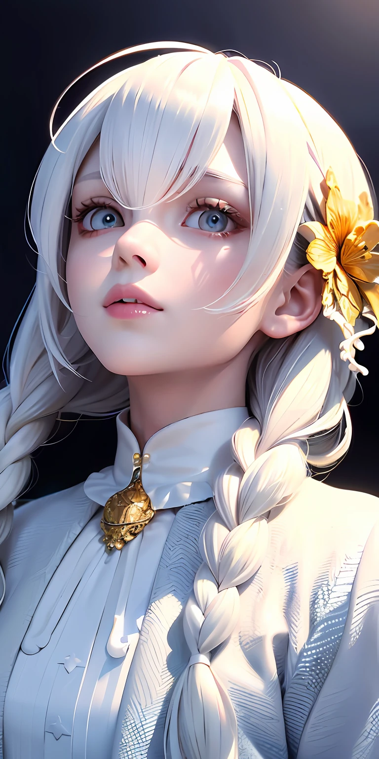 best quality, masterpiece,white hair, gold eyes,white clothes, looking up, upper body,hair strand,Fair skin,side braids