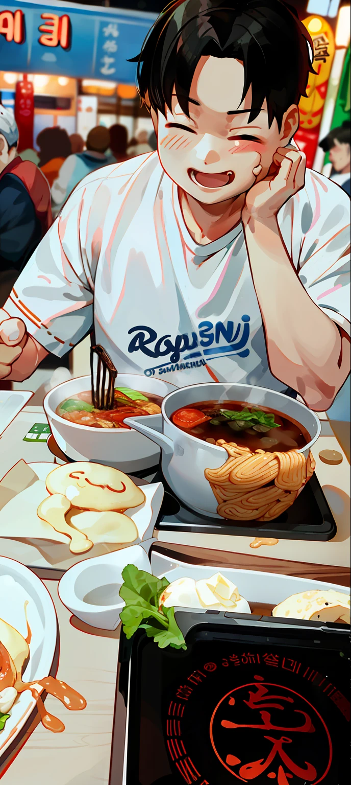 There was a man sitting at the table，Carrying a plate of food, bbwchan, very tasty, Warm sunshine, korean supper, warm, daopao, Warm holes, Warmth, delicacy, Lunchtime on Uranus, hot food, candid photo of, candid shot, warm friendly expression, Warm mood, Warm air, eating ramen noodles, mukbang, closeup at the food