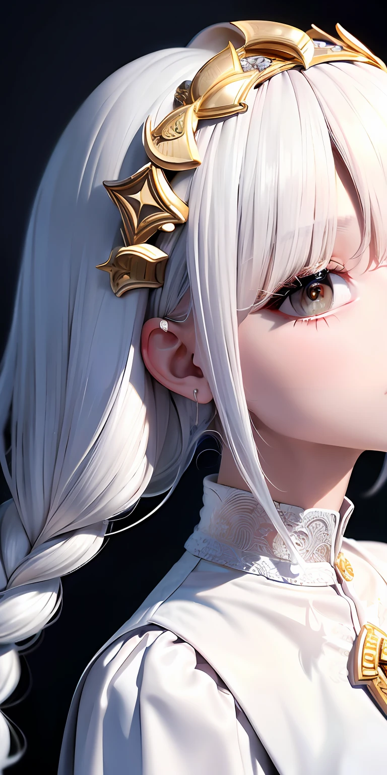 best quality, masterpiece,white hair, gold eyes,white clothes, looking up, upper body,hair strand,Fair skin,side braids