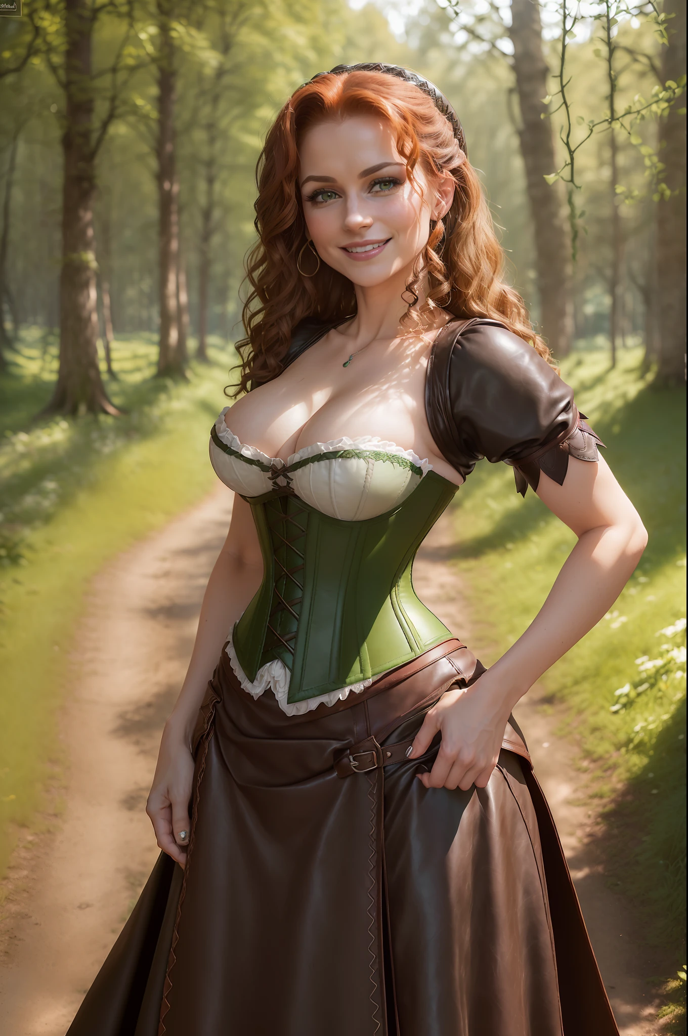 (Foto von Merida), ((Foto als reale Frau)), ((Merida sitzt auf einer Bank im Wald))), ((schlanke frau), ((she has very small round breasts)), (kleiner Kopf), (scharfer Fokus), ((natural realistic skin texture)), ((She wears a brown leather corset and a dark green long skirt with a slit)), ((she smiles seductively at the viewer))