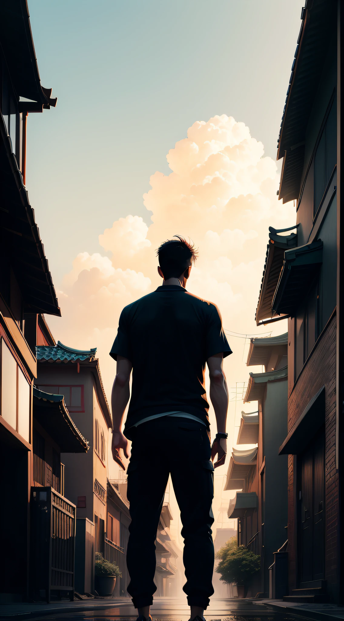 A silhouette of a man's back，Urban summer attire，Looking Up The Sky，illustration，Chinese style illustration