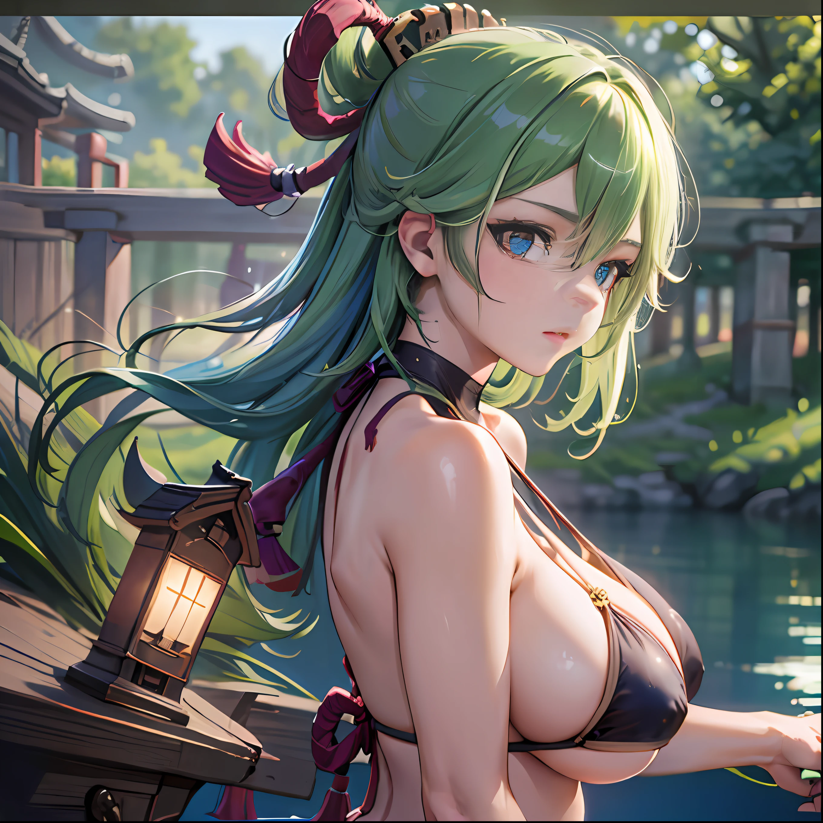 (NSTDA.:1.2), (10, beste-Qualit, master-piece: 1.4), ultra-high resolution, (lifelike, photorealistic portrait: 1.48), 20 age, Cute Girl, (See through the microcolor bikini beetle:1.11), Famous Japanese actors, gigantic breasts, Blue Eyes, Head tilt, cowboy shot, from the side, looking at the audience, expressionless, Beautiful lake, Zeiss 150mm F/ 2.8 Hasselblad, In Japanese shrines, Whole body, foot, Ultra-Wide Angle