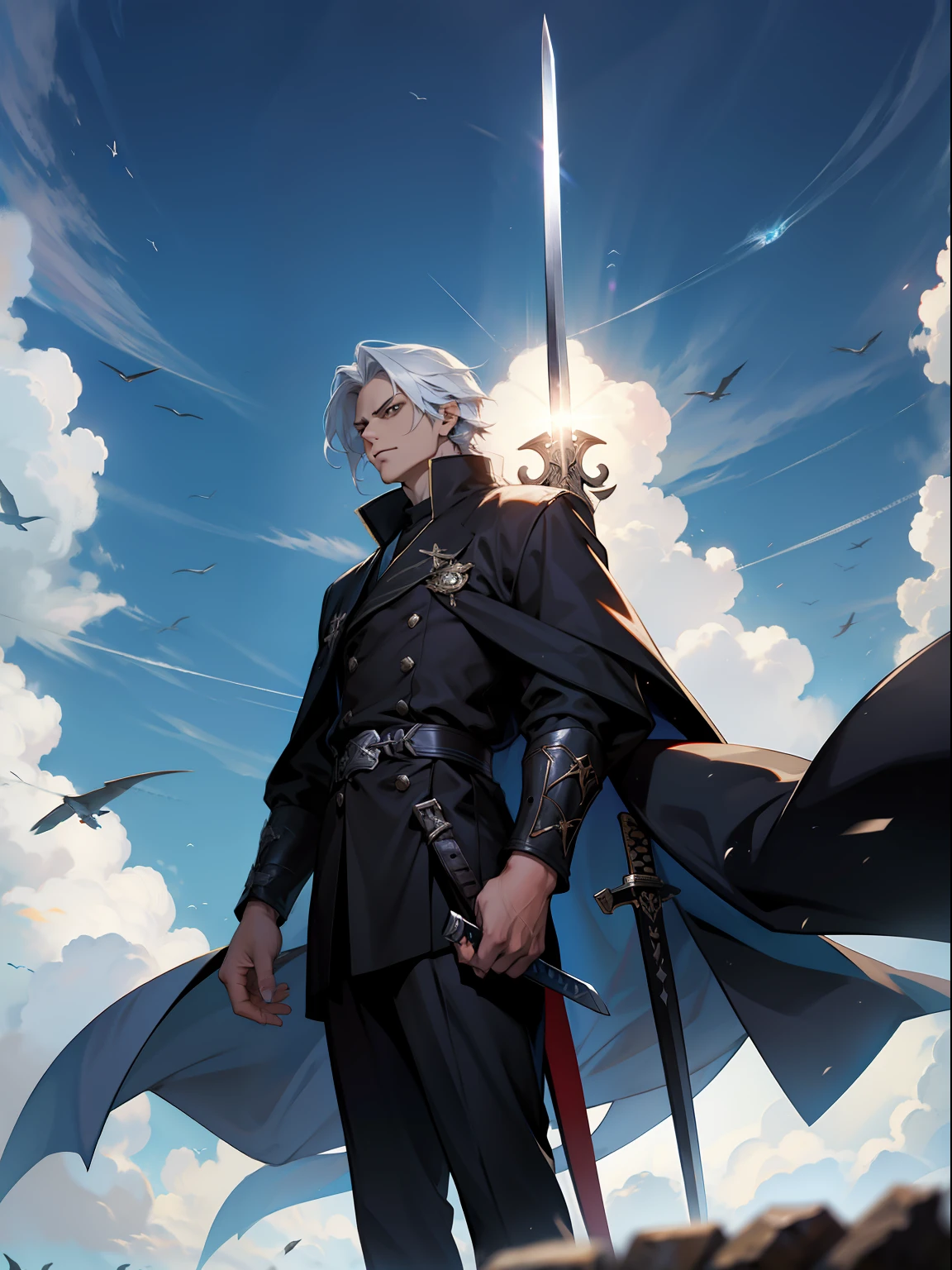 of a guy，Long sword in hand，Long coats are biased，Flying，In the daytime，