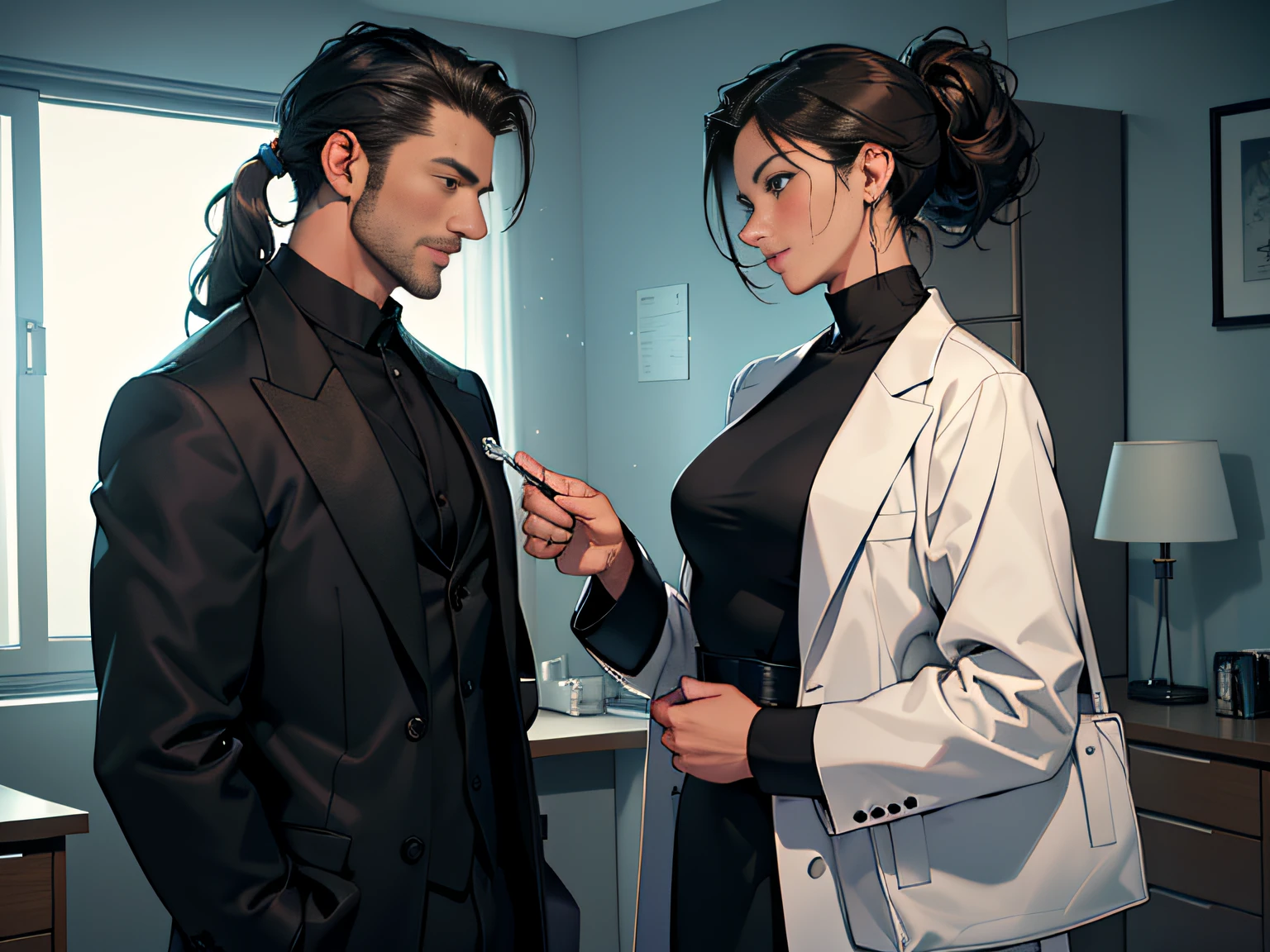 Master, masterpiece, 8K wallpaper, CG, super high picture quality, light and shadow effects
(((( A handsome man in a brown suit with short black hair Talking to a powerful woman in a white coat with a black ponytail
(Half show: 1.6)
(Man hands woman a designer bag: 1.3)
(Man's face is flattering: 1.4)
Deluxe hospital doctor's room