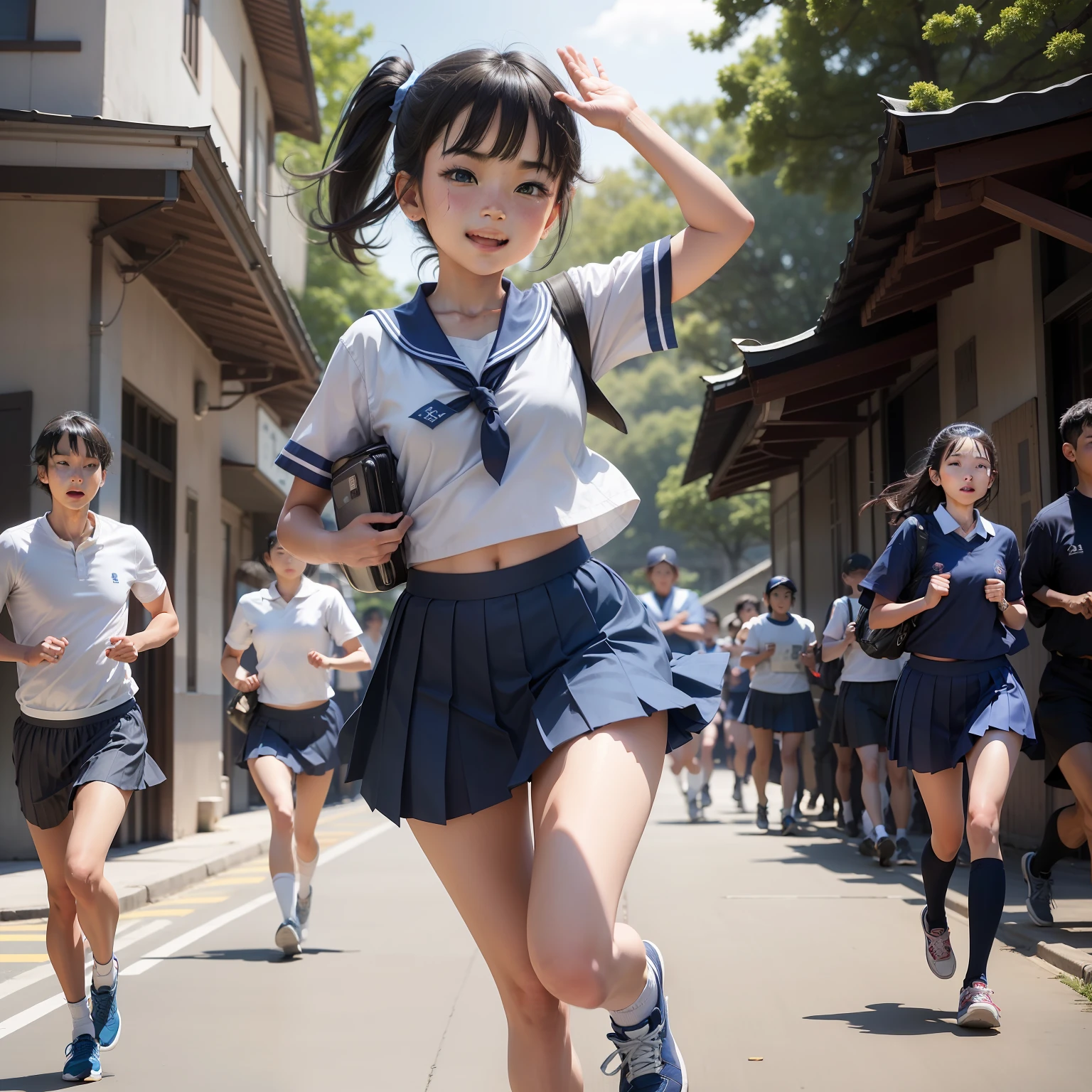 "A girl,a boy, in a Japanese-style outfit, is running, turning back, waving, taking small steps. She's wearing a blue-black pleated skirt, ankle socks, and a blue sailor uniform. Her features are distinct, and she looks happy and not angry. The background is a school campus and crowd, with a classroom, school gate, captured in a distant focus photograph.

Task accomplished