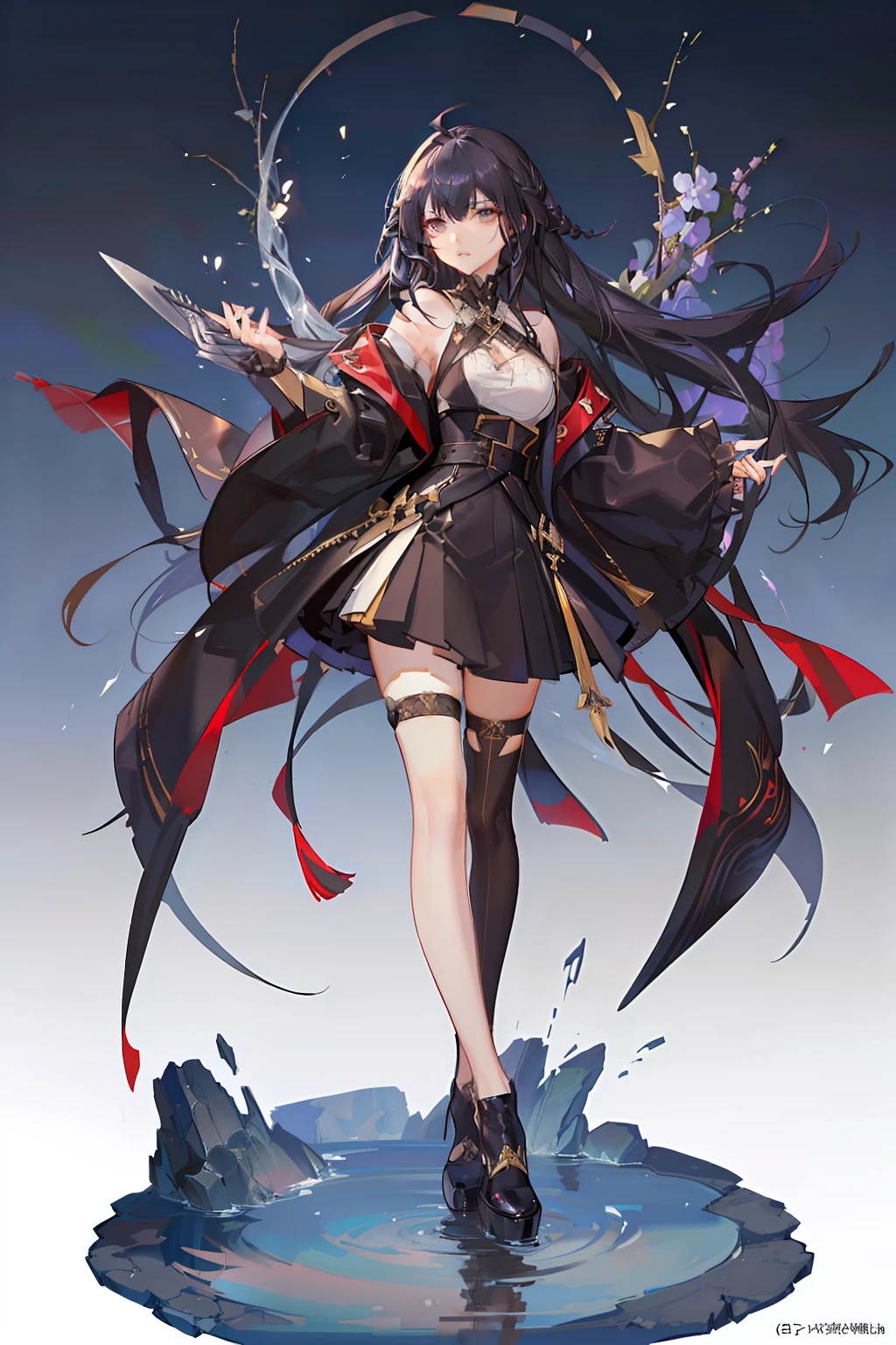 Black hair, hair bobbles, long eyelasher, solid circle eyes, Long rod knives, nipple tassels, Black trench coat, long leges, blacksilk, goddes, Handsome, Very long hair, ahoge, Straight hair, Floating hair, Moles under eyes, disdain, Water surface ripples, surrealism, shadowing, anaglyph, stereograms, tachi-e, angle of view, Atmospheric perspective, character sheets, Anime style, 8K, Super detail, ccurate, Best quality, High details，Black dress