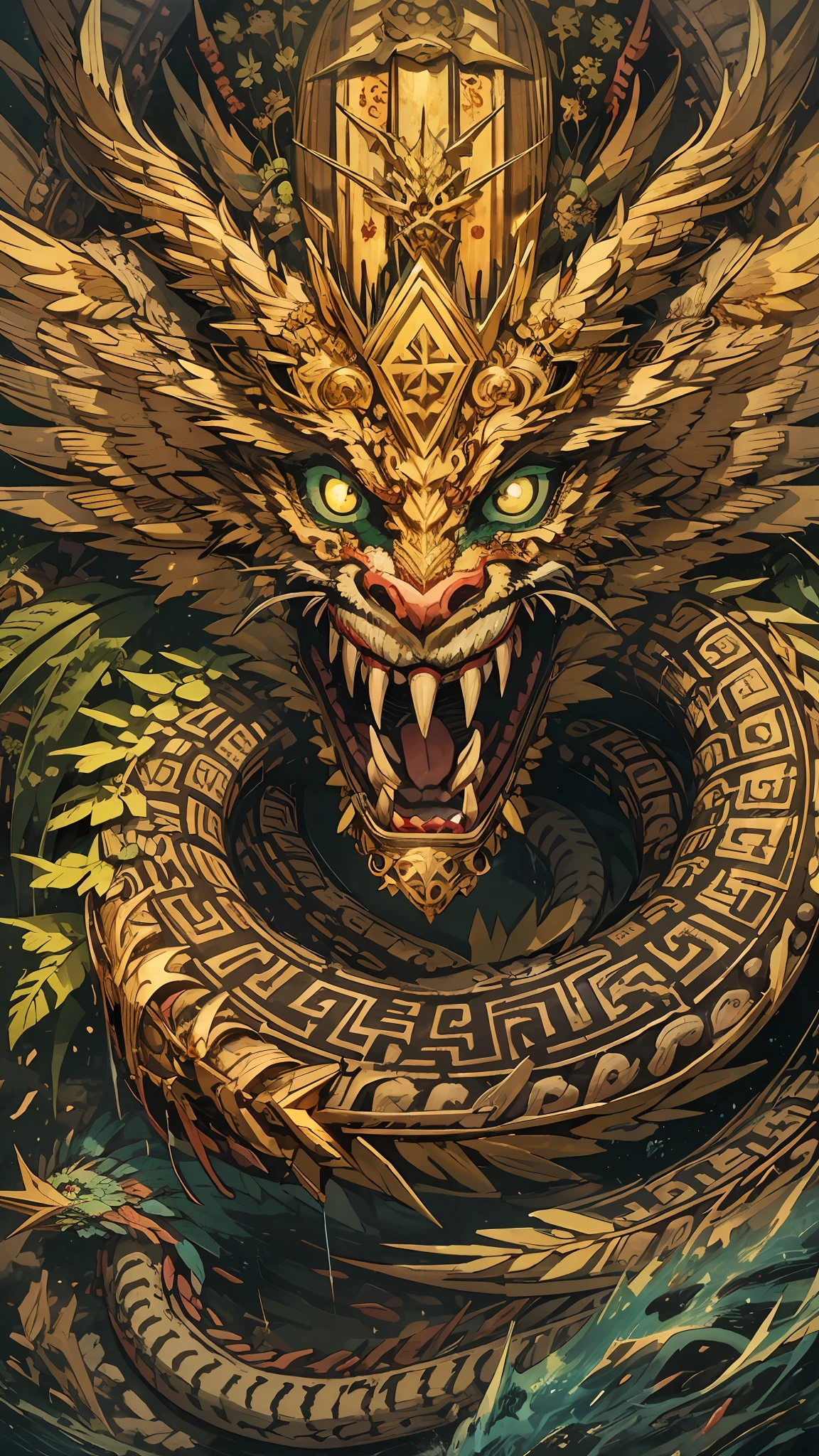 Masterpiece, best quality, {best quality}, {{masterpiece}}, {highres}, anime, attractive, exotic, Quetzalcoatl, Kukulkan, Serpent God, feathered serpent, flying plumes, plumage, Aztec, golden, gold, thunder, thunder, claws, sharp teeth, serious, destruction