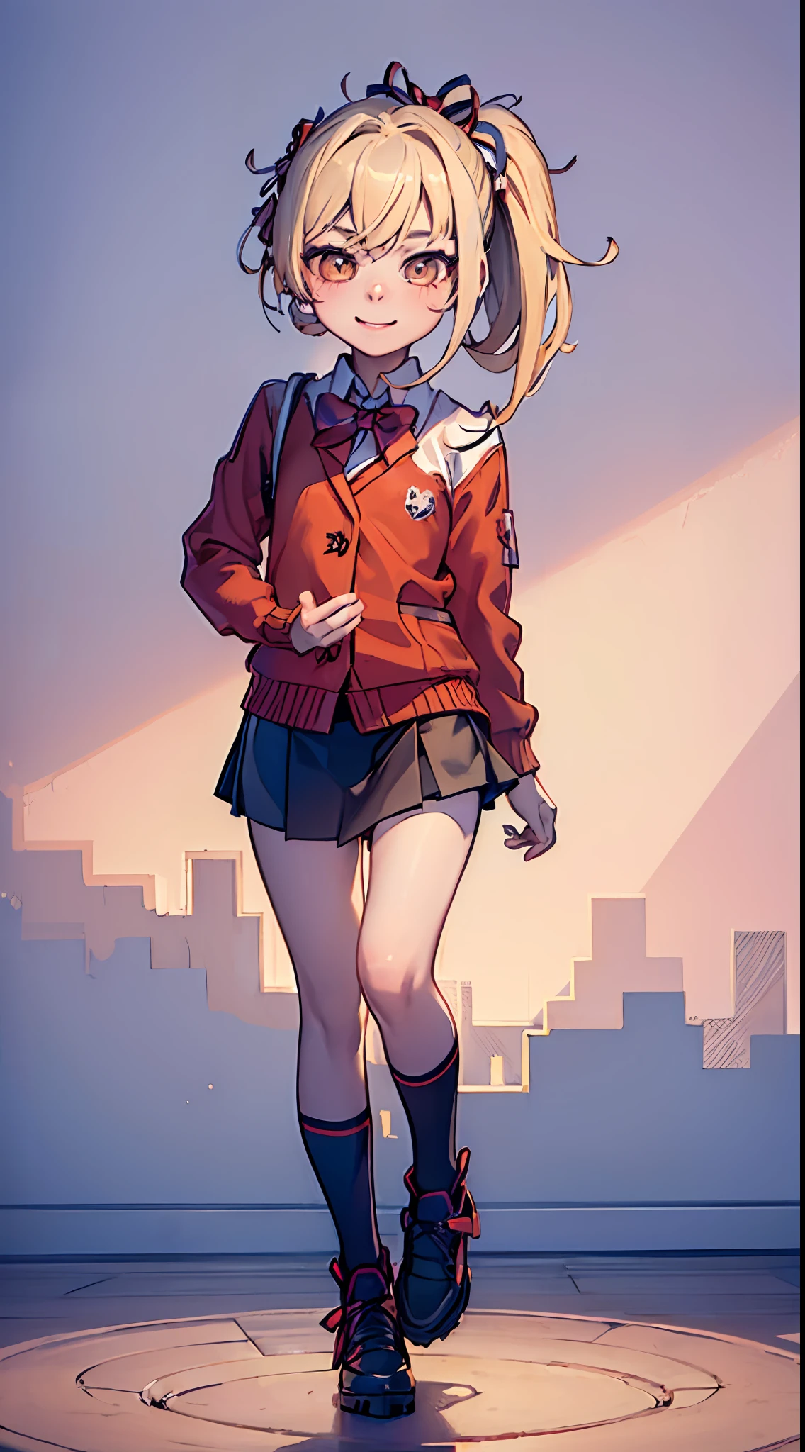 (child body:1.3), yoimiya_genshin, looking at viewer, (masterpiece, best quality:1.2), (solo), (1girl), best quality, (photorealistic:1.4),ultra detailed, solo, (full body:1.5), standing, love in eyes, double ponytail, blushing, cute, smile, school uniform, long sleeves, miniskirt