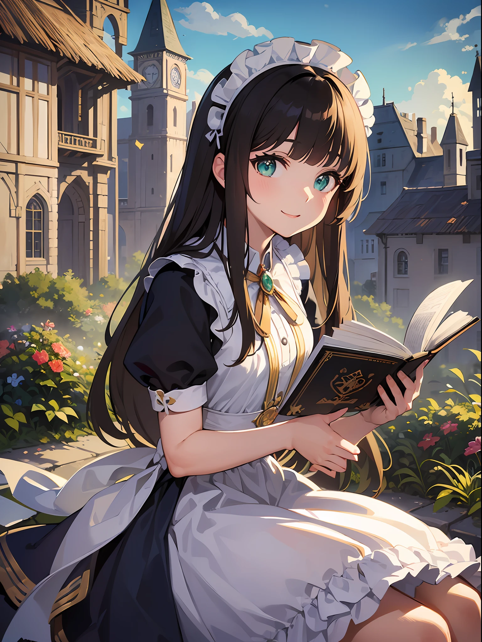 (masterpiece:1.3), (best quality:1.3), high resolution,
upper body,
leaning forward, sitting, body facing forward, reading a book,
(one cute girl:1.3), solo,
white skin, small Breast, eight-headed person,
light brown hair, long hair, straight hair, (blunt bangs:1.2), beautiful hair, green eyes, drooping eyes, beautiful detailed eyes,
cheerful smile,
maid,
outdoors, ocean, medieval western town, castle,
shadowlighting,