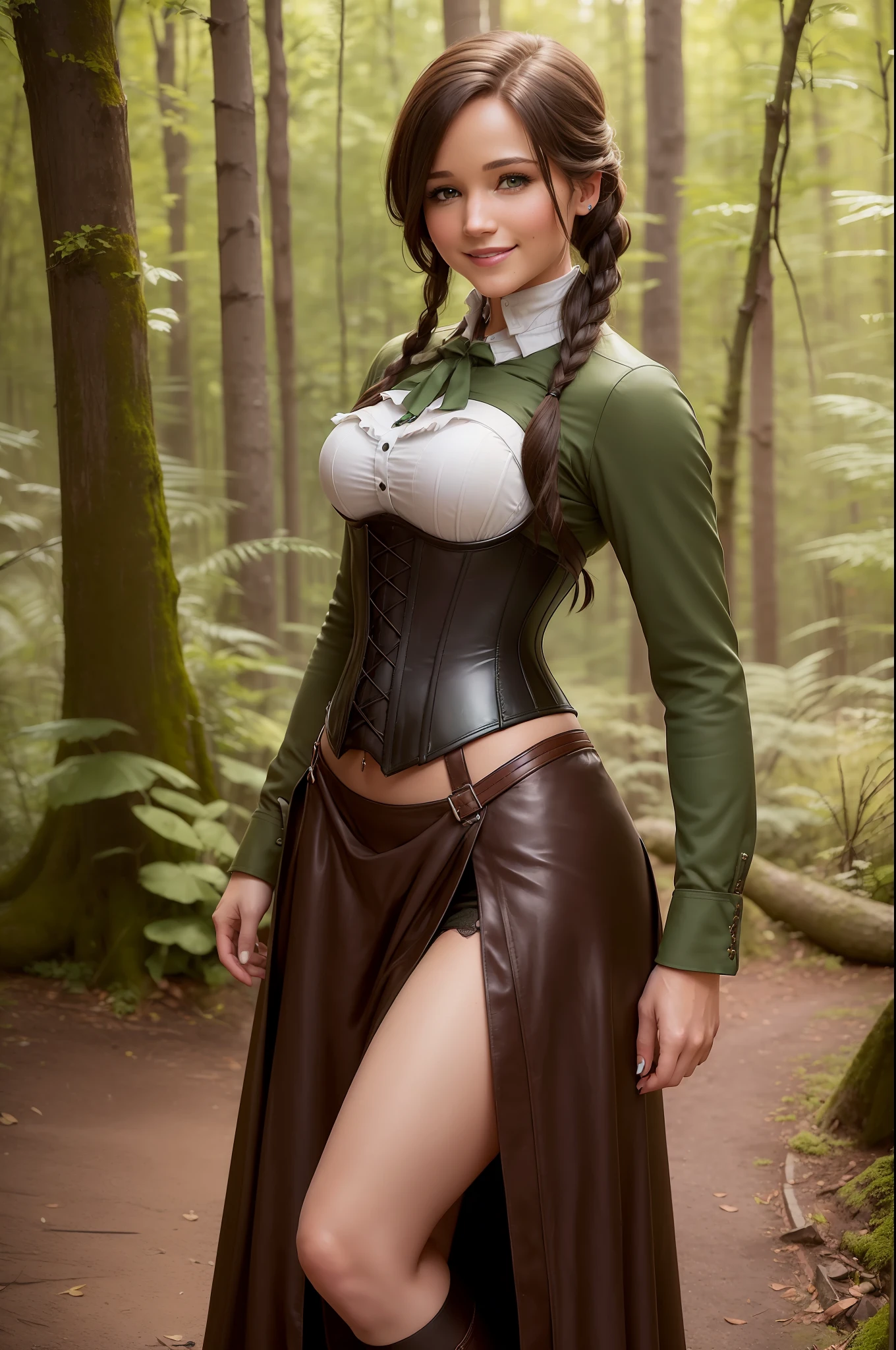 (Foto von Katniss Everdeen), ((Foto als reale Frau)), ((Katniss Everdeen steht an einem See im Wald))), ((schlanke frau), ((she has very small round breasts)), (kleiner Kopf), (scharfer Fokus), ((natural realistic skin texture)), ((She wears a brown leather corset and a dark green long skirt with a slit)), ((she smiles seductively at the viewer))