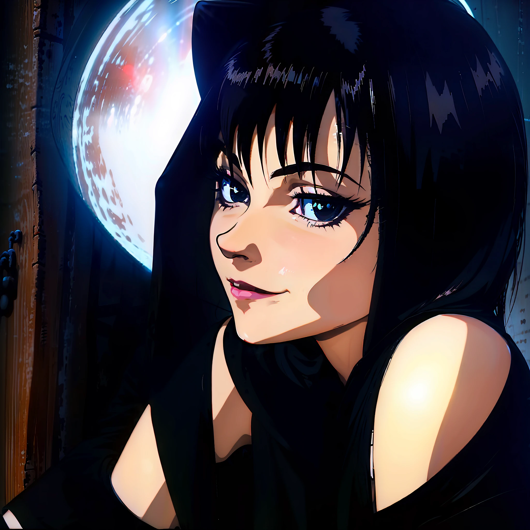 Girl with heart shape lips, bangs covering eyes, straight hair, black hair, gothic clothing, oversized black shirt with skull, smirking at camera