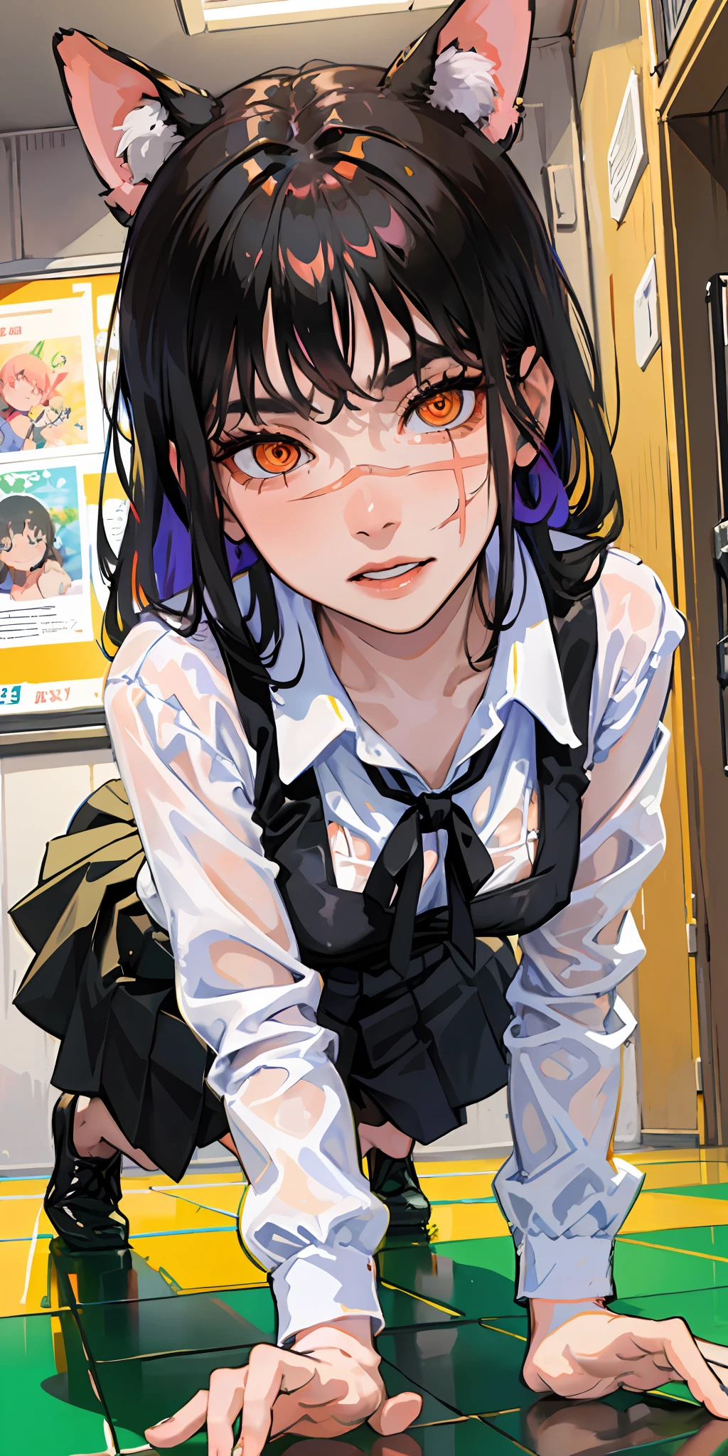 masterpiece, top quality, high resolution, solo, small, indoor, see-through, ((pinafore school dress)), shirt, long sleeves, ((black neck ribbon)), , ((medium breast)) T-back, ((on all fours)) , from below, teasing, on floor, background: neon Tokyo , disheveled tight underwear, rough breath, panting, blush across nose and cheeks, sexual expression, yoru (chainsaw man) orange eyes (spiral eyes) cute curled feet, begging