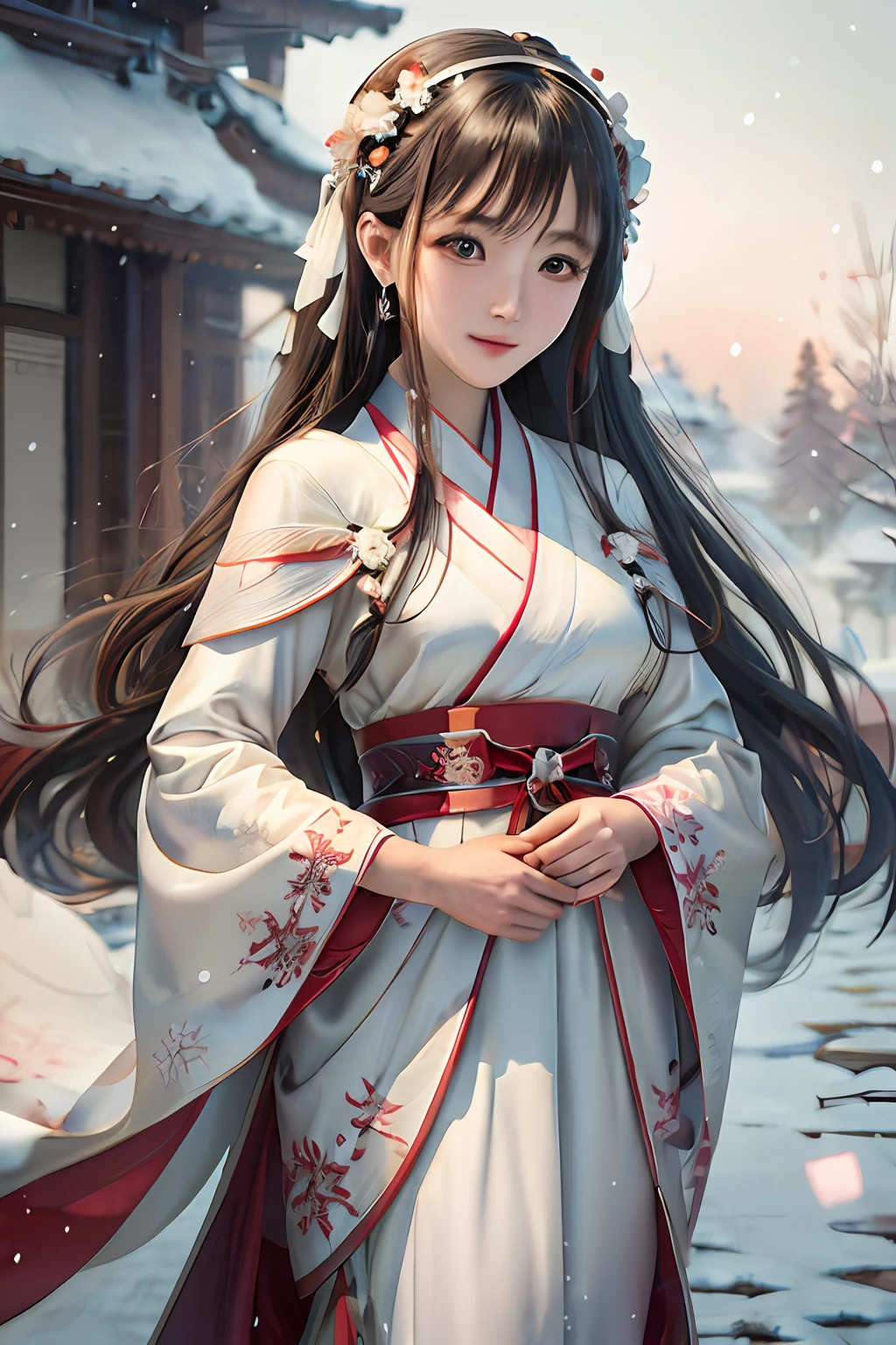 Anime girl in beautiful white and red dress standing in the snow, palaces, hanfugirl, Guvez Art style, Beautiful character drawing, white hanfu, Guweiz on ArtStation and Pixiv, Guvitz on the Pixiv Art Station, Beautiful digital artwork, Beautiful anime portrait, Guviz, Flowing hair and robes.