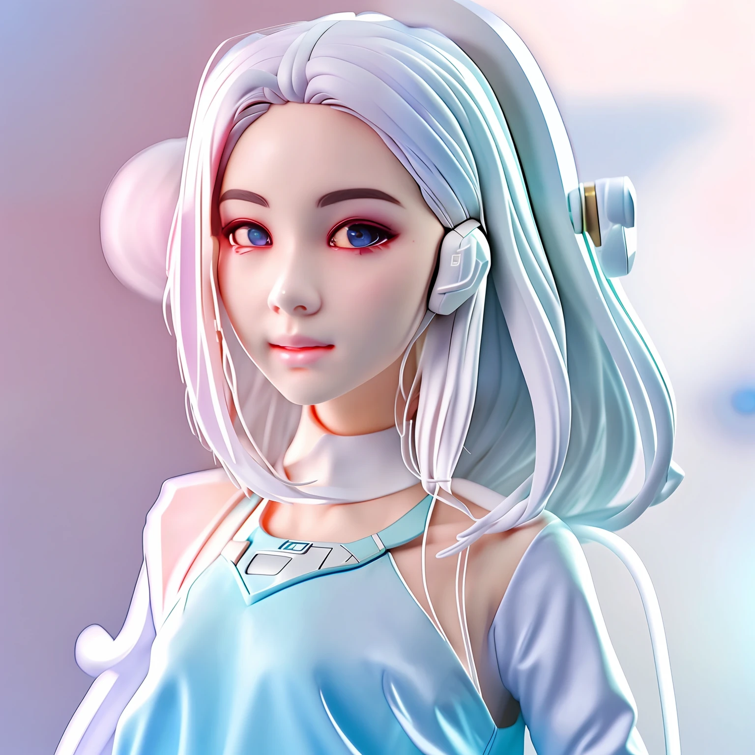tmasterpiece, 1 beautiful girl, A detailed eye, Swollen eyes, top-quality, 超A high resolution, (reality: 1.4), 电影灯光, a asian beauty, very very beautiful, Beautiful skins, slenderness, Forward-facing body, (ultra-realistic realism), (A high resolution), (8K), (The is very detailed), ( Best Illustration), (Beautifully detailed eyes), (ultra - detailed), 详细的脸, Bright lighting, Professional lighting、In the background is a cyberpunk room with many monitors、The hair color is white、headset on head、Female game commentator