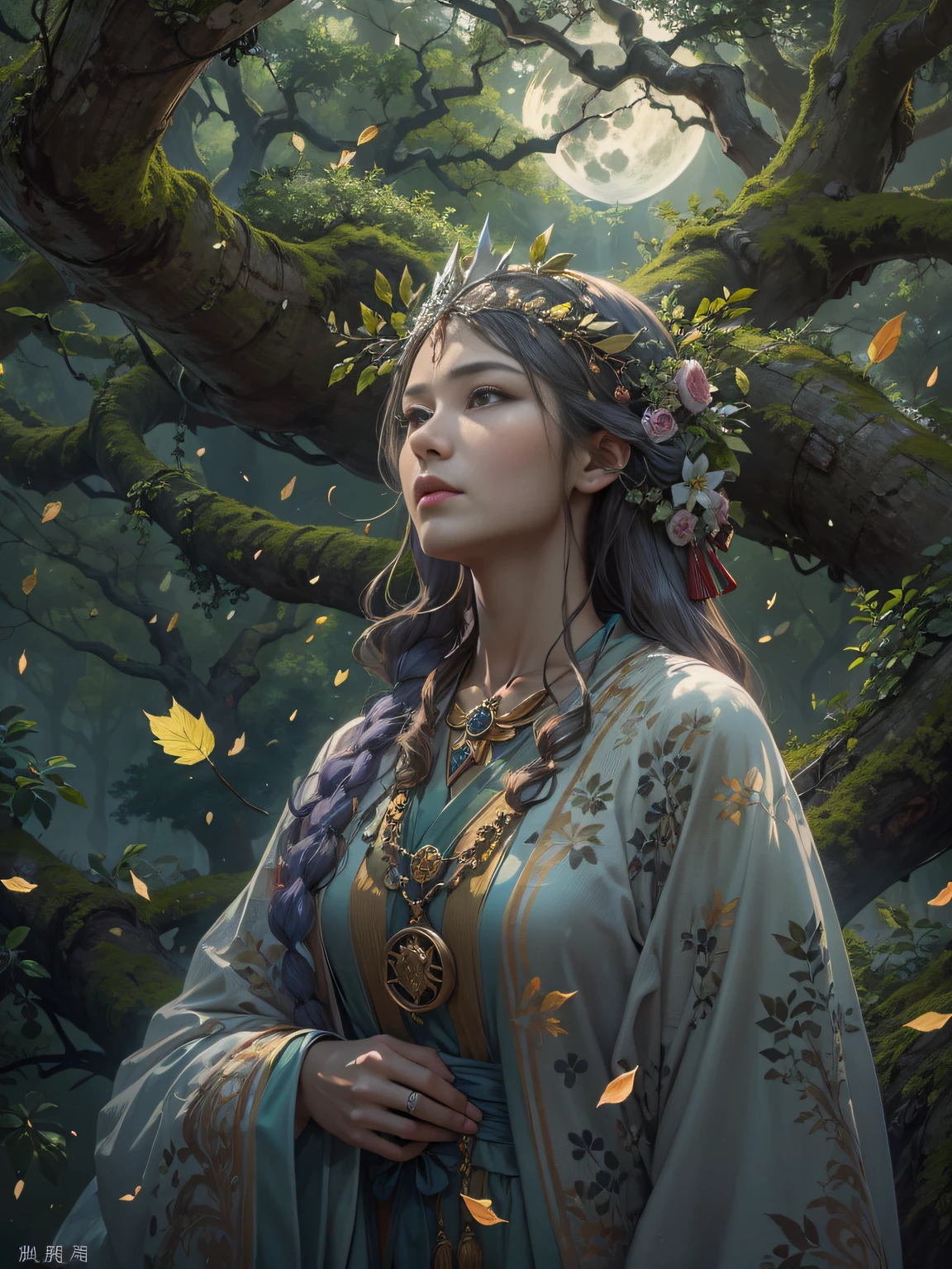 ,masterpiece, best quality,8k, ultra highres,In the center of the tarot,An elegant woman leaned against an old oak tree。She wears flowing ,Wear a lunar crown on your head,Holding a silver staff。There was wisdom and strength in her eyes,It is like a bridge connecting the universe。The tree behind her seemed to transmit the energy of life,The leaves sway gently,It's like telling an endless story。
