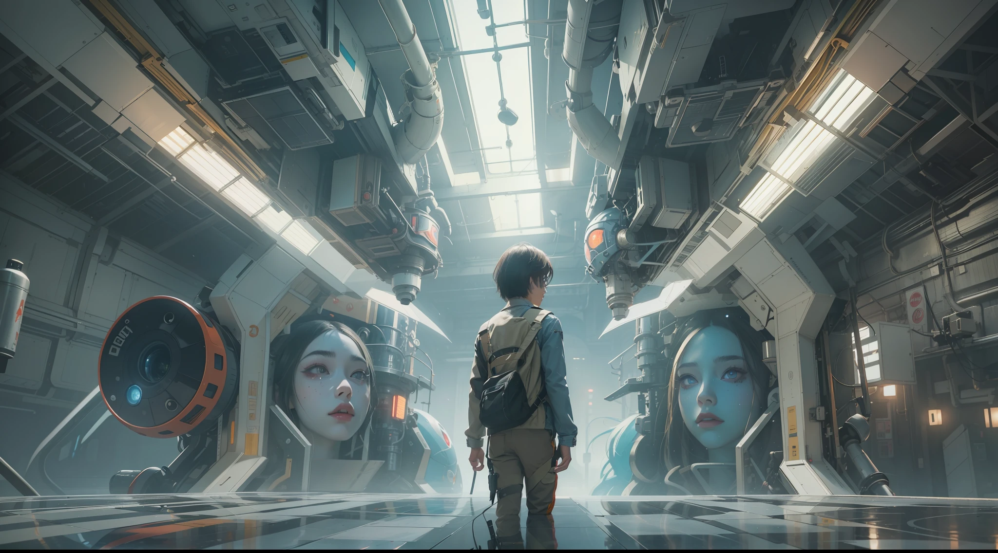 （best qualtiy，ultra - detailed，Best Illustration，Best shadow，masterpiece，A high resolution，professionalartwork，famous artwork），sci-fi，It depicts a young couple wearing colored sclera and a huge alien big cute with robot eyes， by Makoto Shinkai，by Artgerm，by wlop，by Greg Rutkowski，Volumetric lighting，octane render，4K，Trending on ArtStation，masterpiece