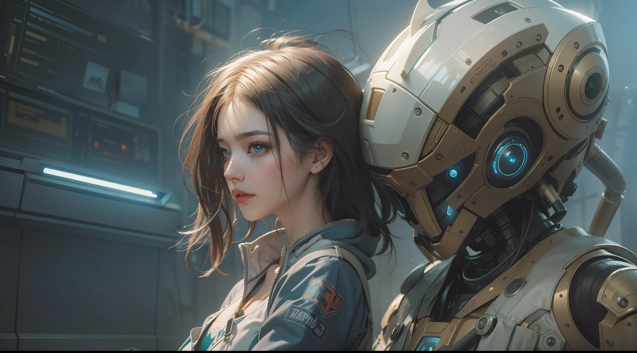 (best qualtiy,ultra - detailed,Best Illustration,Best shadow,masterpiece,A high resolution,professionalartwork,famous artwork),sci-fi,It depicts a young couple wearing colored sclera and a huge alien big cute with robot eyes, by Makoto Shinkai,by Artgerm,by wlop,by Greg Rutkowski,Volumetric lighting,octane render,4K,Trending on ArtStation,masterpiece