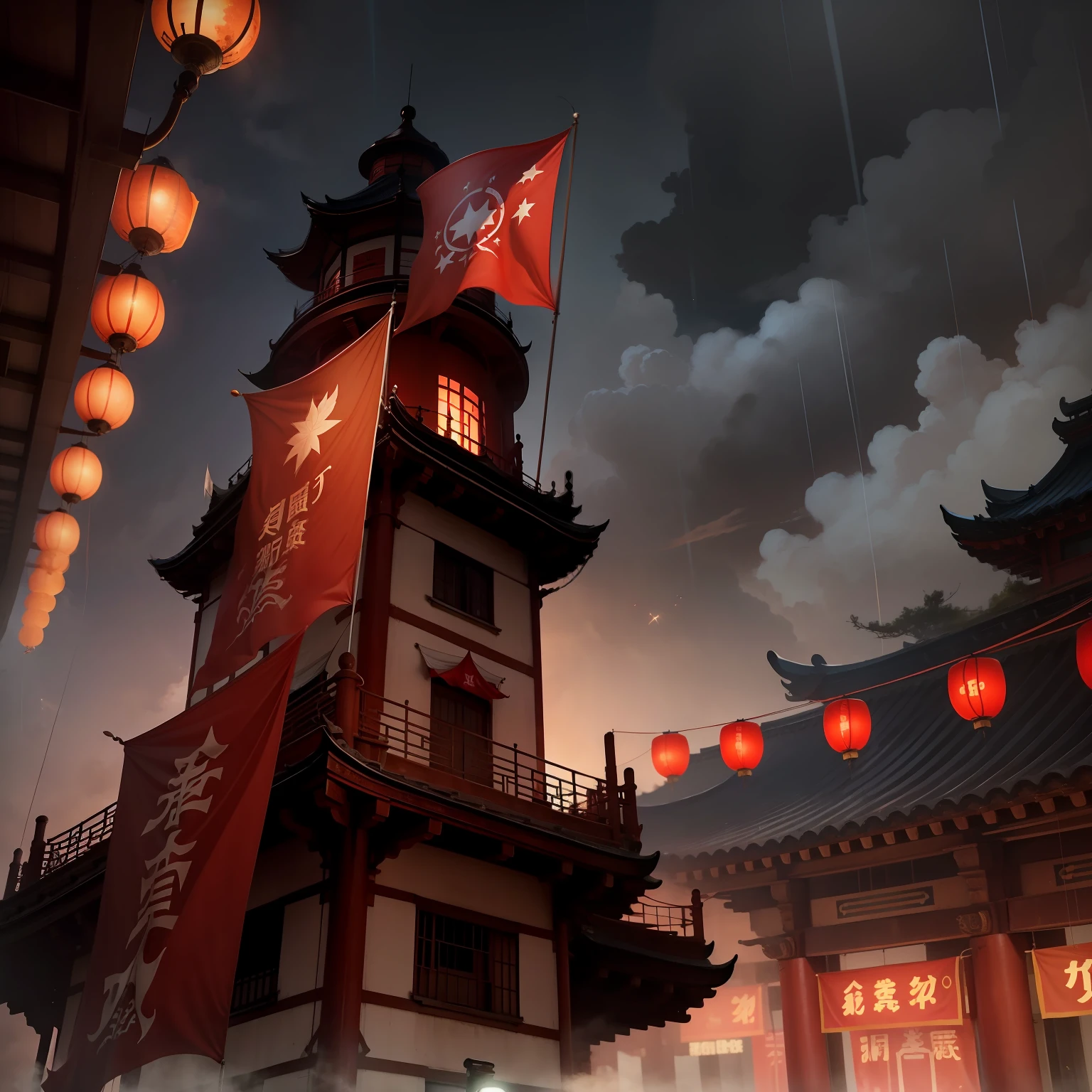 Tower,The five-star red flag flies high。