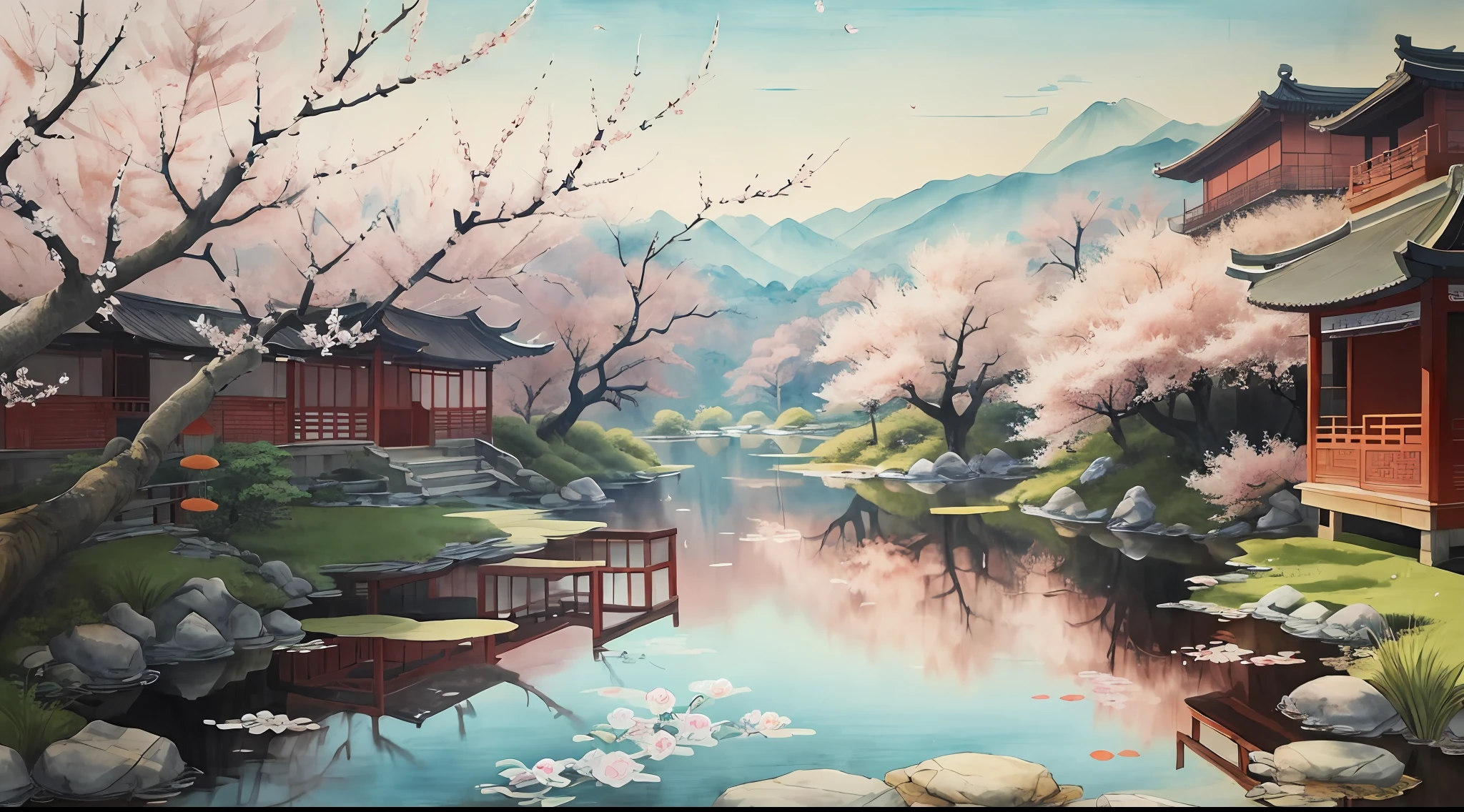 The peach blossoms fall from the peach tree, and there are small fish in the small pond(Chinese color_ink painting style),exudes the style of traditional (Chinese color_ink painting),no humans,