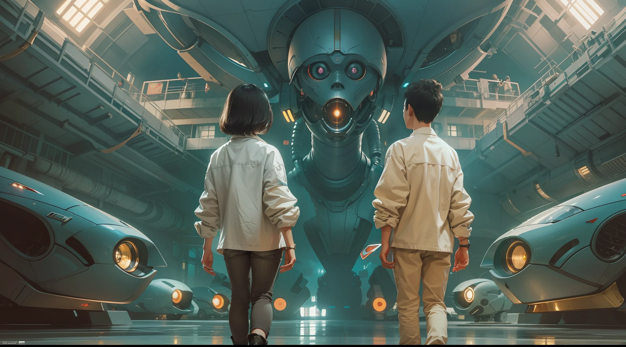 (best qualtiy,ultra - detailed,Best Illustration,Best shadow,masterpiece,A high resolution,professionalartwork,famous artwork),sci-fi,It depicts a young couple wearing colored sclera and a huge alien big cute with robot eyes, by Makoto Shinkai,by Artgerm,by wlop,by Greg Rutkowski,Volumetric lighting,octane render,4K,Trending on ArtStation,masterpiece