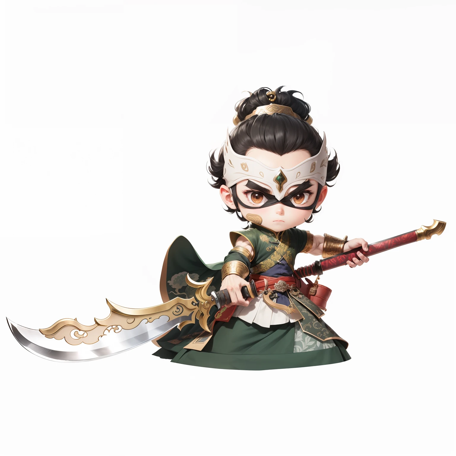male people,Male characters,Chibi anime characters,Bad,Green Dragon Moon Knife,Big knife weapons,The handle has a delicate pattern,Flowing hem,China-style,Chinese-style clothing,Chinese shoes,There are beautiful patterns on the weapon grips,Refinement,Fine painting,Refinement,infinite details,high definition detail,Delicate belt,Belt accessories,Male characters,Blindfolds,Black color hair,Patterned,Pattern,Blank background,Bright colors,Metal edging