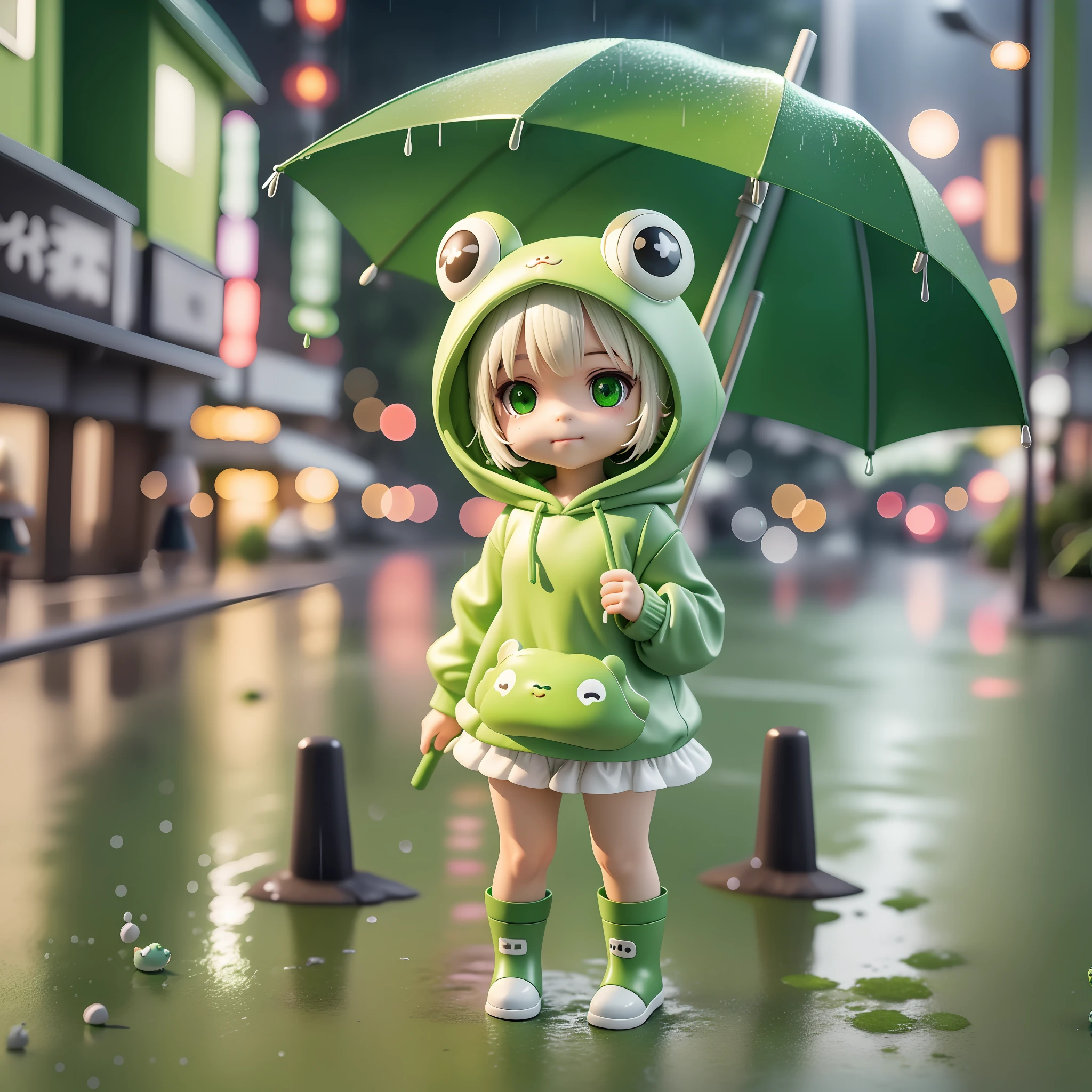 Chibi girl wearing green frog hoodie, holding umberella frog atyle, falling rain, white short hair, smille character, wearing green boots, HDR, Blindbox, 4D, 3D, hard shadow, hard light, cute and smol figure, rainy tokyo background it evening, more NPC
