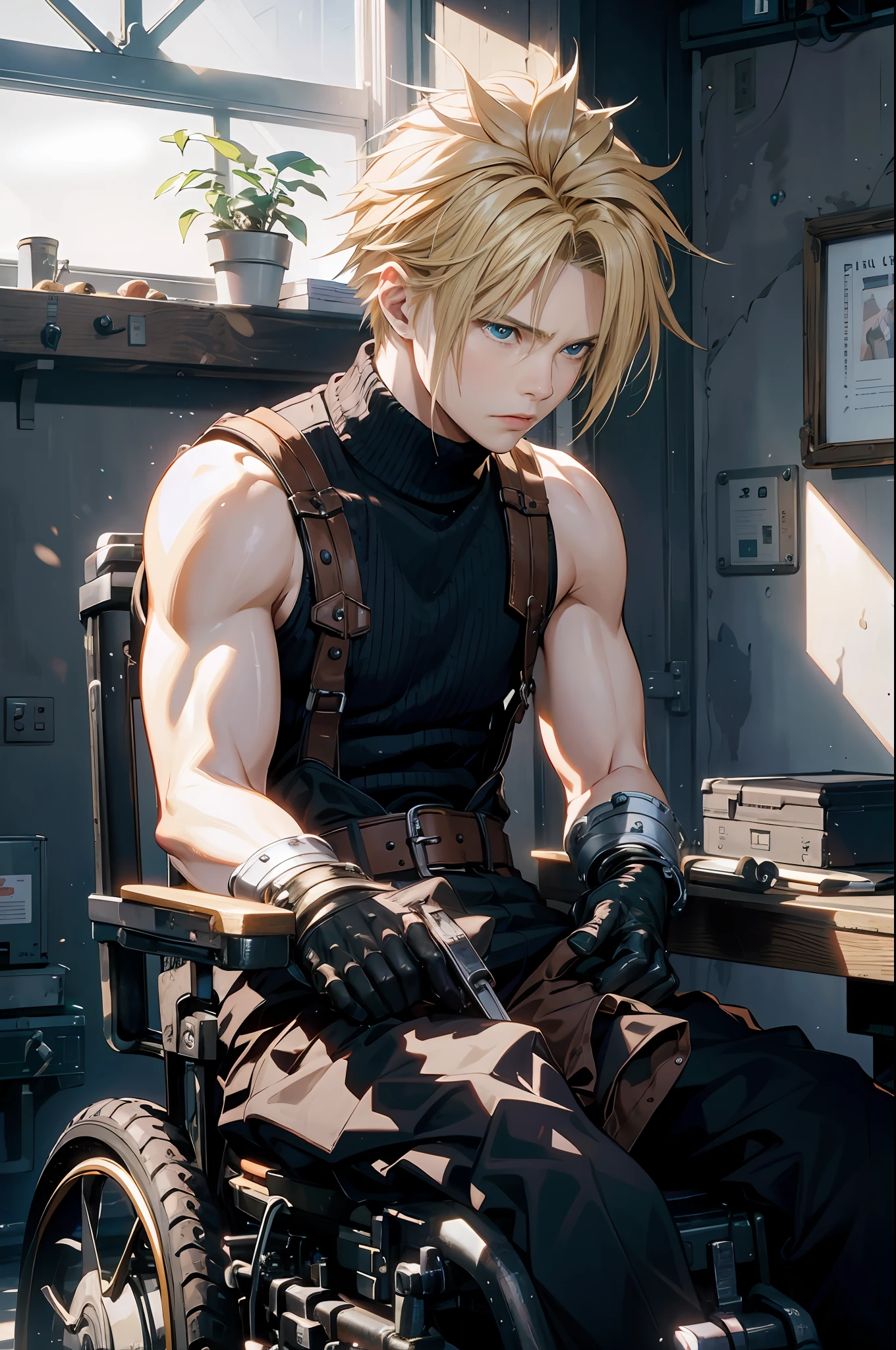 (best quality), (masterpiece), (realistic,) (photo-realistic), ultra-detailed,(looking down:1.2),
1boy,male focus, ,
cloud strife, shoulder armor, sleeveless turtleneck, suspenders, belt, baggy pants, gloves, bracer, boots,
(wheelchair:1.2),sitting,empty eyes,disappointed,disappointment,hollow,
(shaded face:1.1), (sad:1.2),
indoor,country,
professional lighting, photon mapping, physically-based rendering,