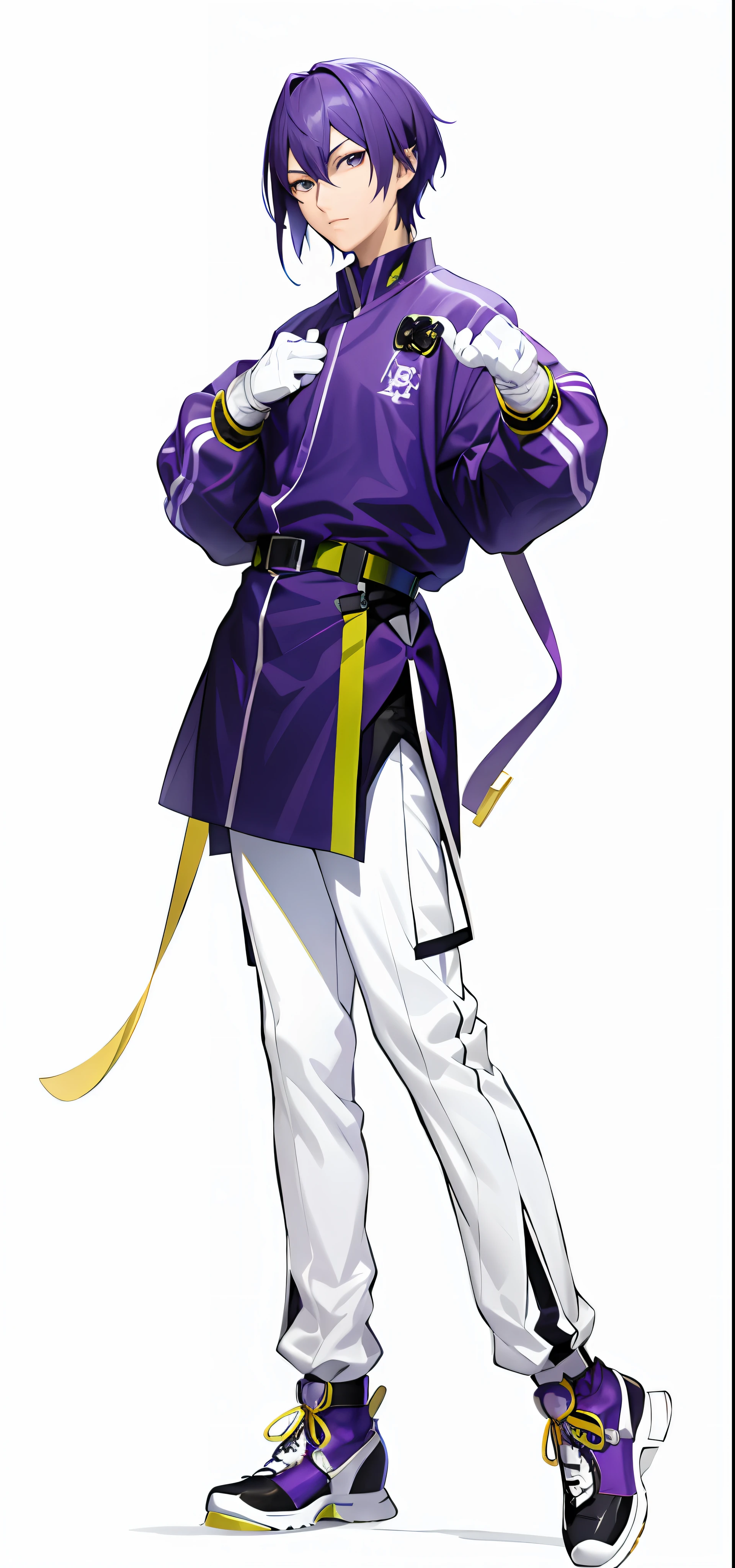 Anime characters dressed in purple and white and wearing a purple belt, 《king of fighter》role, fighting game character, shigenori soejima illustration, official character art, Aesthetic style, Full body standing painting，Handsome male