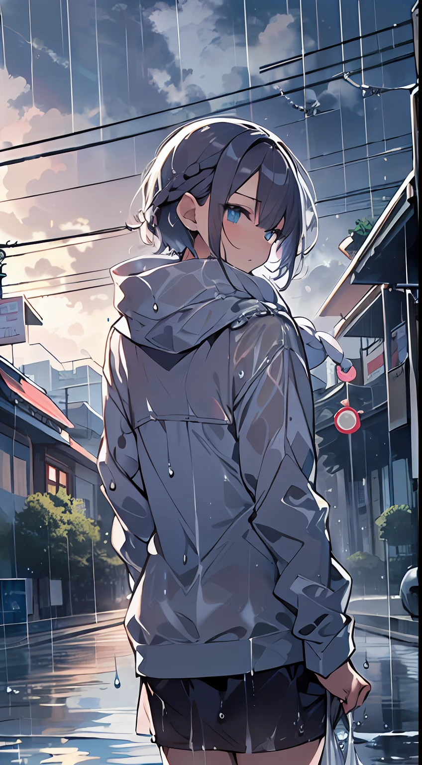 masutepiece, Best Quality,Illustration, Wallpaper, Ultra Detail, absurderes, 1girl in, Solo, (Medium short hair、short braided hair), Beautiful detailed eyes, rainfall、water dripping、wetting hair , Wet clothes, (Street:1.3), Cloudy sky、kirakira