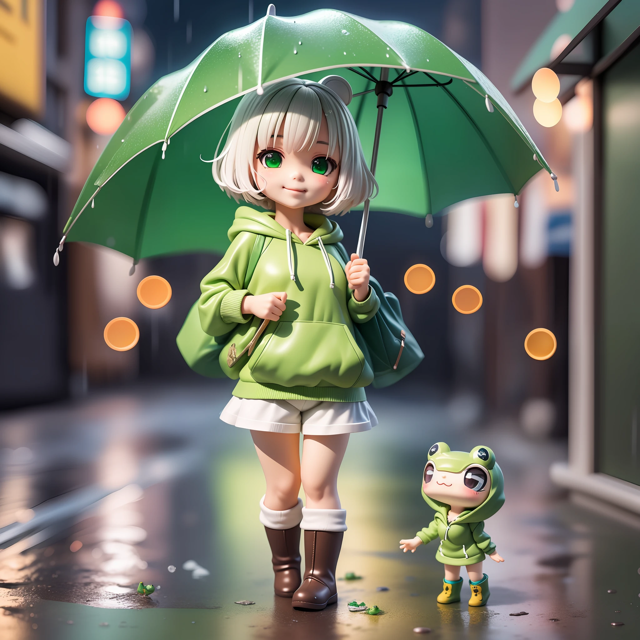 Chibi girl wearing green frog hoodie, holding umberella frog atyle, falling rain, white short hair, smille character, wearing green boots, HDR, Blindbox, 4D, 3D, hard shadow, hard light, cute and smol figure, rainy tokyo background it evening, more NPC