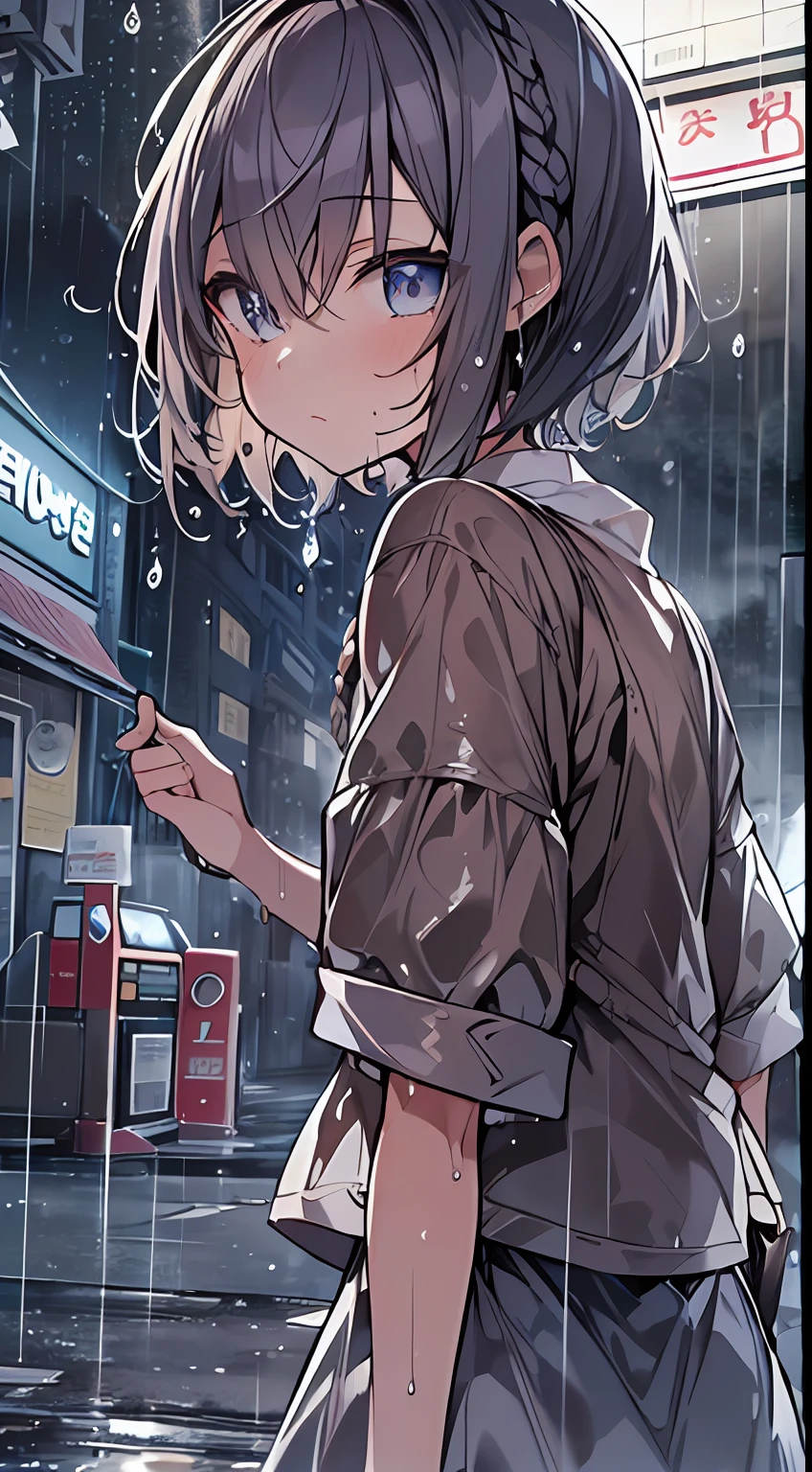 masutepiece, Best Quality,Illustration, Wallpaper, Ultra Detail, absurderes, 1girl in, Solo, (Medium short hair、short braided hair), Beautiful detailed eyes, rainfall、water dripping、wetting hair , Wet clothes, (Street:1.3), Cloudy sky、kirakira