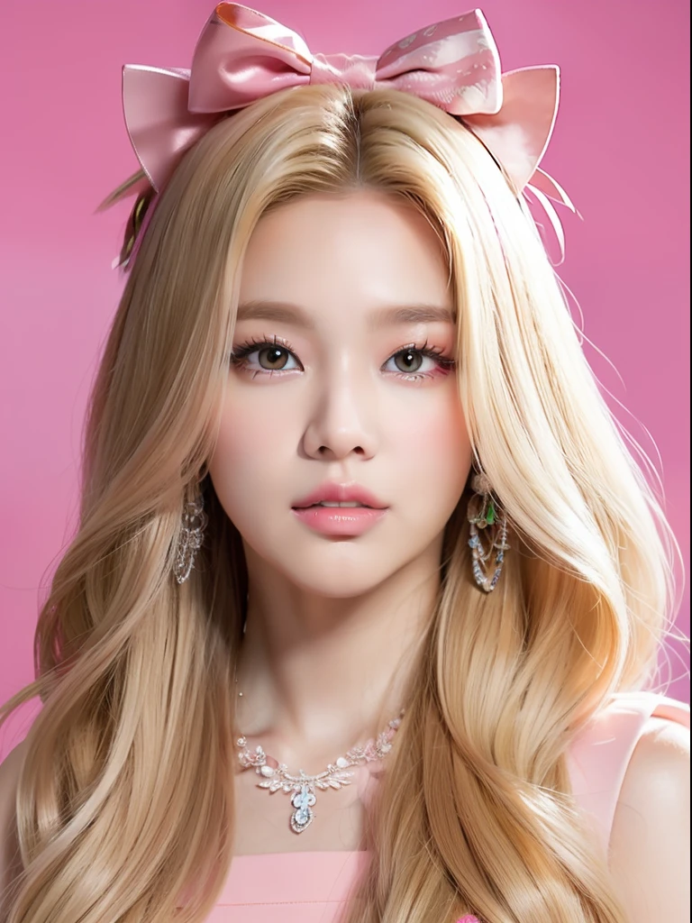 Blonde woman posing for photo with long hair and pink dress, portrait of jossi of blackpink, Portrait of Barbie, roseanne park of blackpink, hyperrealistic , portrait jisoo blackpink, inspired by Russell Dongjun Lu, inspired by Yanjun Cheng, Kawaii realistic portrait, render of april, portrait of kpop idol, IG model,Princess Sweet Wind,There is a bow hair ornament on the head.