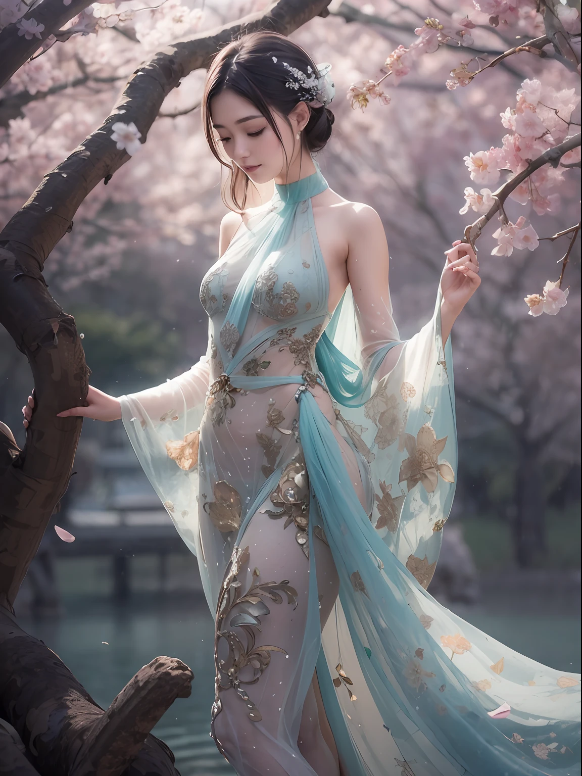 loose outfit、Show shoulders、How to wear a gown with a broken see-through halter neck、Decorated with intricate patterns and pastel colors、Transparent material that makes the skin shine、Artistic depiction of seductive woman in gown with wet thin cloth and transparent skin, Floral and fantastic pattern with flowing silky traditional see-through skin。Her dress draped elegantly around her curvaceous figure、Emphasizes her charming silhouette。She's a gentle fireworks night、Dynamic Posing、Sexy Posing、bathed in the soft glow of moonlight。The scene is、With a hint of mystery and sensuality、It exudes an ethereal dreamy atmosphere。The image style is、It incorporates a blend of watercolor and digital illustration techniques.、It makes you feel delicate beauty and charm。Soft moonlit lighting、Cast gentle highlights and shadows on her mesmerizing features。Dynamic Posing、Bold poses、The hand is somewhere、see -through、show through、A sexy、Wet hair、Wet、cherry trees、flower petals、cherryblossom、The cherry tree、Sakura blizzard、buried、Transparent skin、Wet clothes、Chest Pulling、Translucent clothes、Eau、nudde、