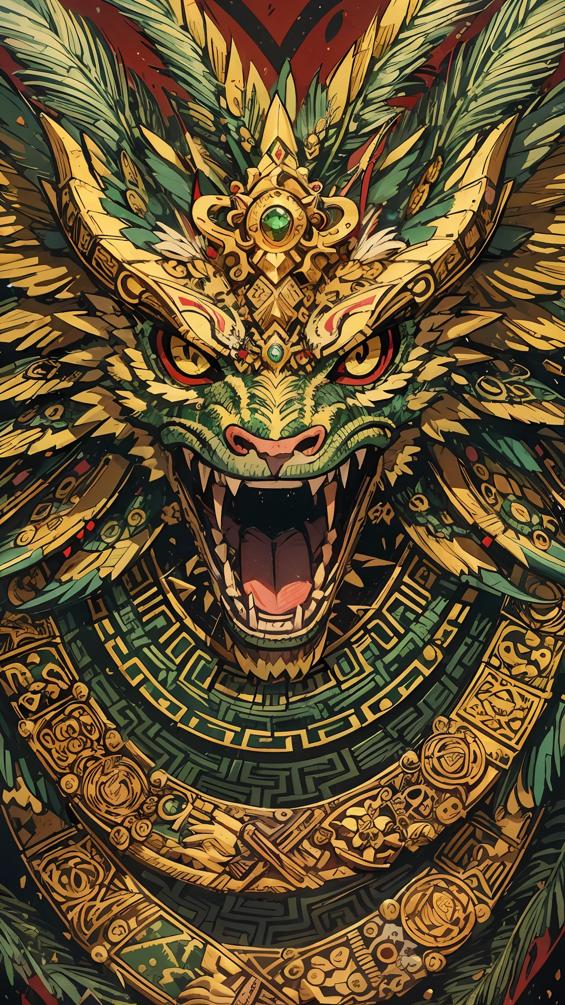 Masterpiece, best quality, {best quality}, {{masterpiece}}, {highres}, anime, attractive, exotic, Quetzalcoatl, Kukulkan, Serpent God, feathered serpent, flying plumes, plumage, Aztec, golden, gold, thunder, thunder, claws, sharp teeth, serious, destruction