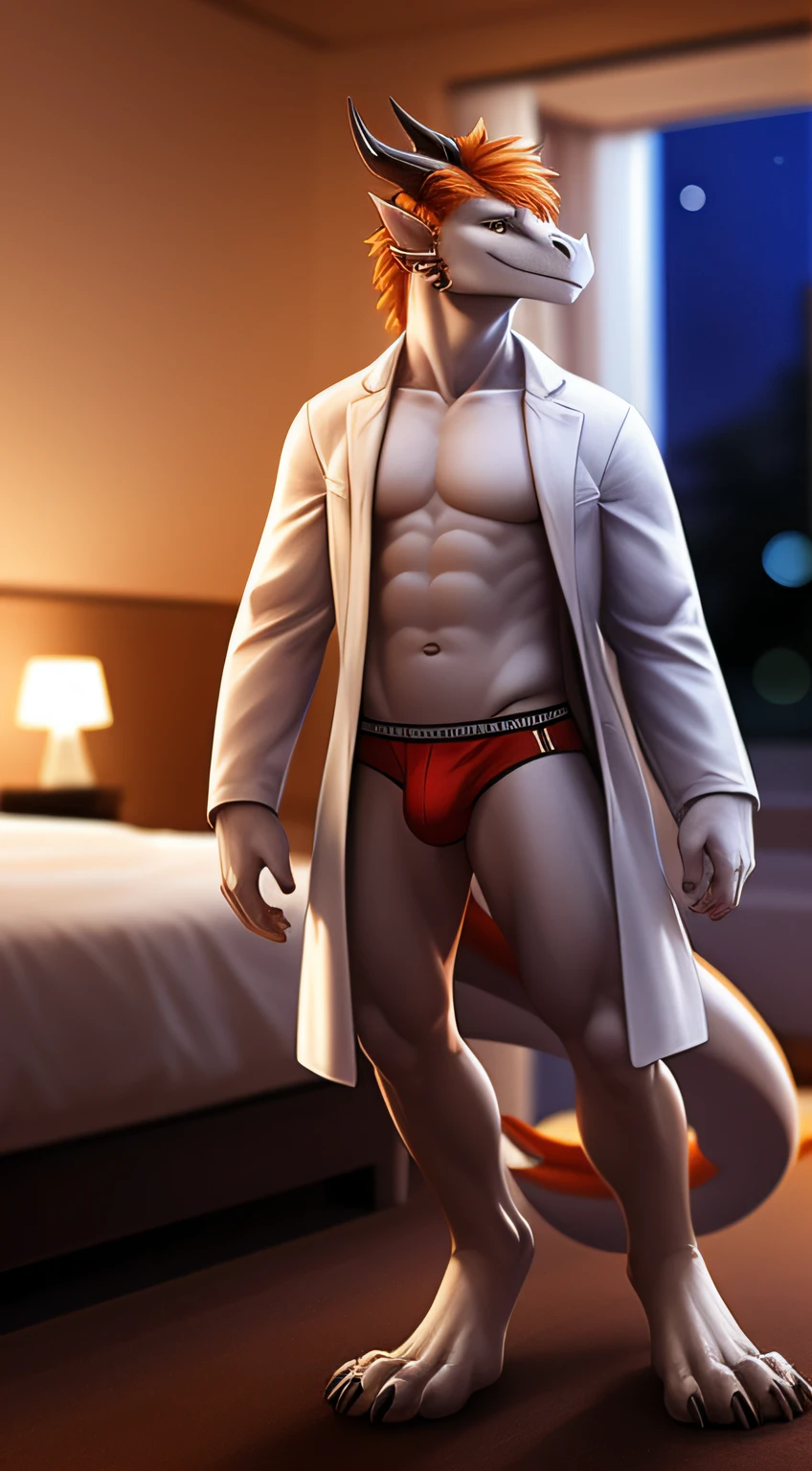 (Masterpiece, best quality, realistic:1), furry, male, standing - style sexy, hands on leg, posing, bedroom, midnight, expressive, male, (bokeh:1.3), depth of field,(Dragon:1), nice hands, perfect hands, smile, (white body skin), white head, only orange hair, (white coat), underwear, full body, feet