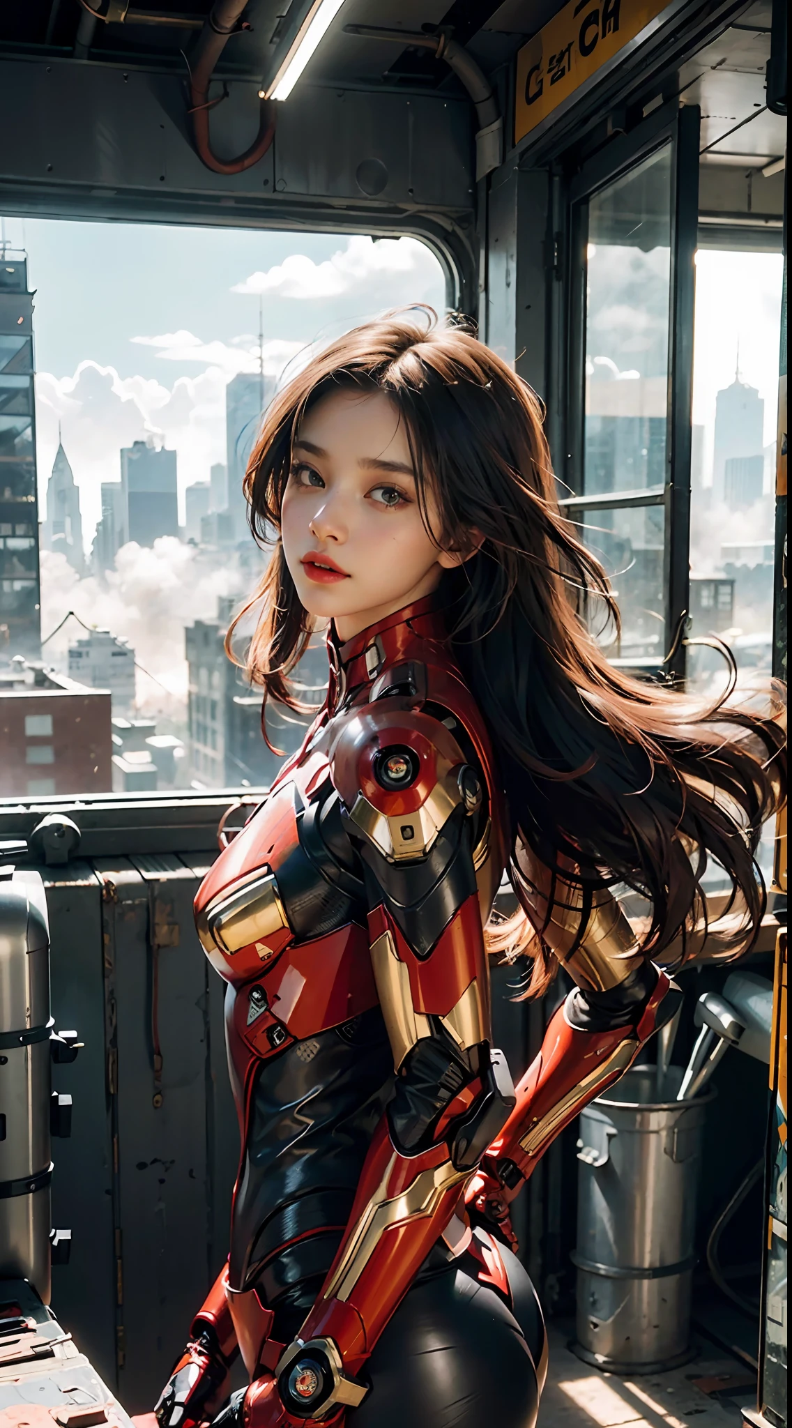 (1girl:1.3), solo,__body-parts__, official art, unity 8k wallpaper, ultra detailed, beautiful and aesthetic, beautiful, masterpiece, best quality, RAW, masterpiece, super fine photo,, best quality, super high Resolution, photorealistic, sunlight, full body portrait, stunningly beautiful,, dynamic pose, delicate face, vibrant eyes, (side view), she is wearing a futuristic Iron Man mech, red and gold, Highly detailed abandoned warehouse background, detailed face, detailed complex busy background, messy, gorgeous, milky, high detailed skin, realistic skin details, visible pores, sharp focus, volumetric fog, 8k uhd, dslr camera, High quality, film grain, fair skin, photorealism, lomography, sprawling metropolis in a futuristic dystopia, view from below, translucent