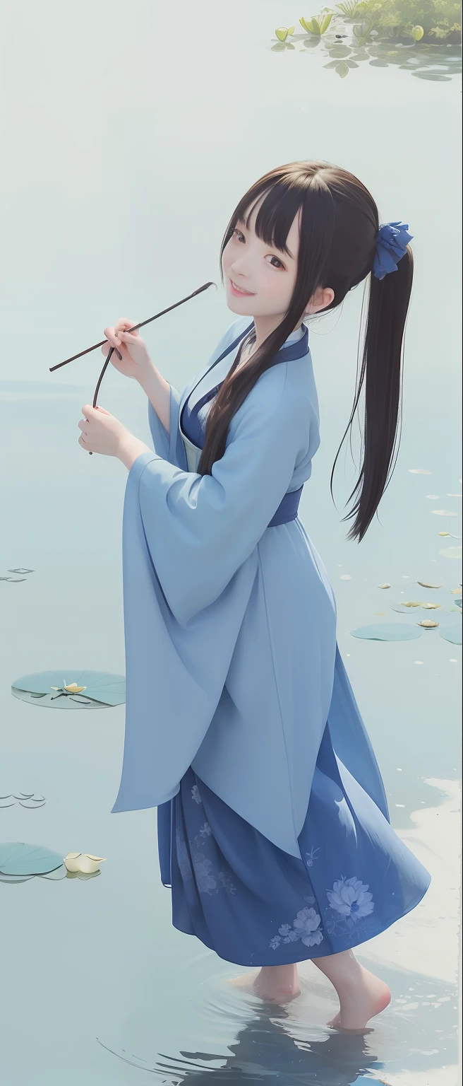 ((4k,masterpiece,best quality)), shuimobysim, traditional chinese ink painting, lotus, hanfu, maxiskit, dress conservatively 1girl, solo, long blue hair, smile, standing, feet in the water, barefoot,